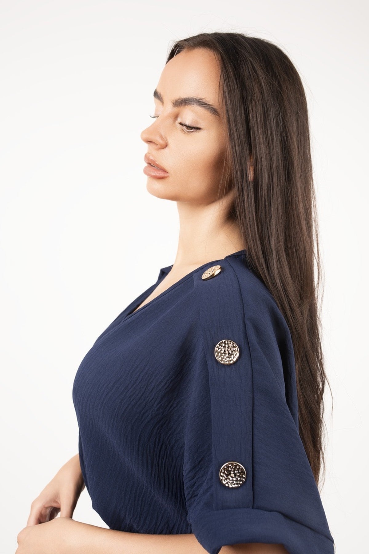 Zamara V Neck Short Sleeve Maxi Dress With Button Detail - Navy