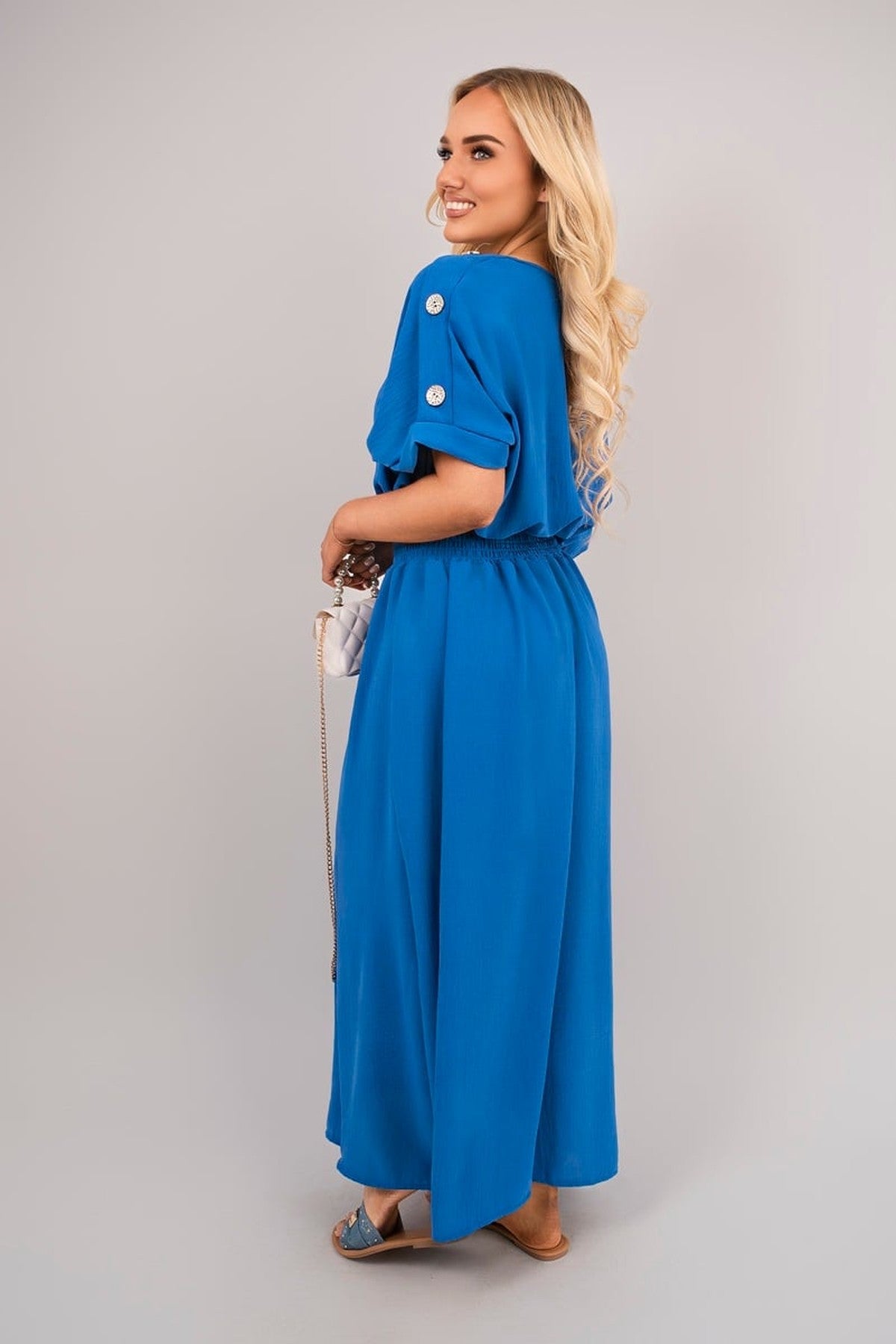 Zamara V Neck Short Sleeve Maxi Dress With Button Detail - Royal