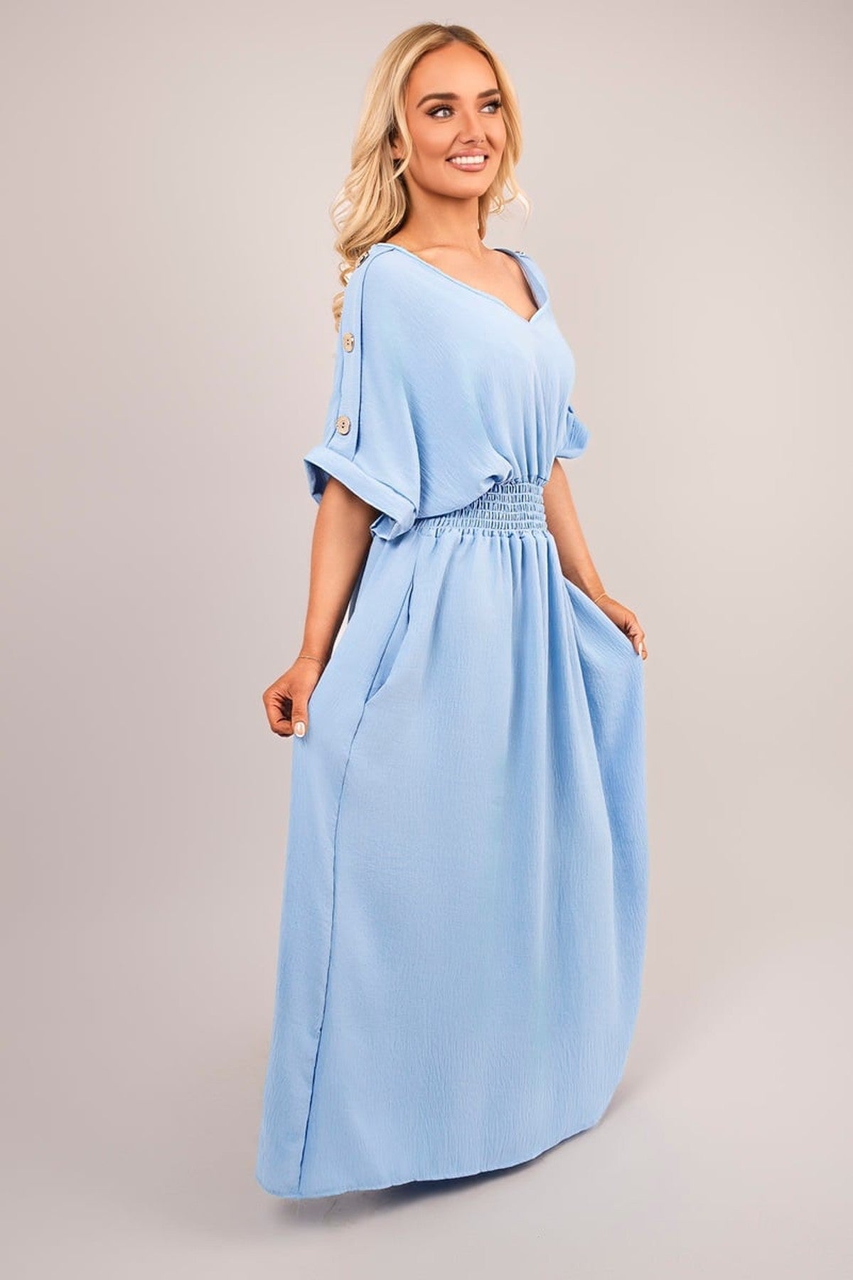 Zamara V Neck Short Sleeve Maxi Dress With Button Detail - Sky Blue