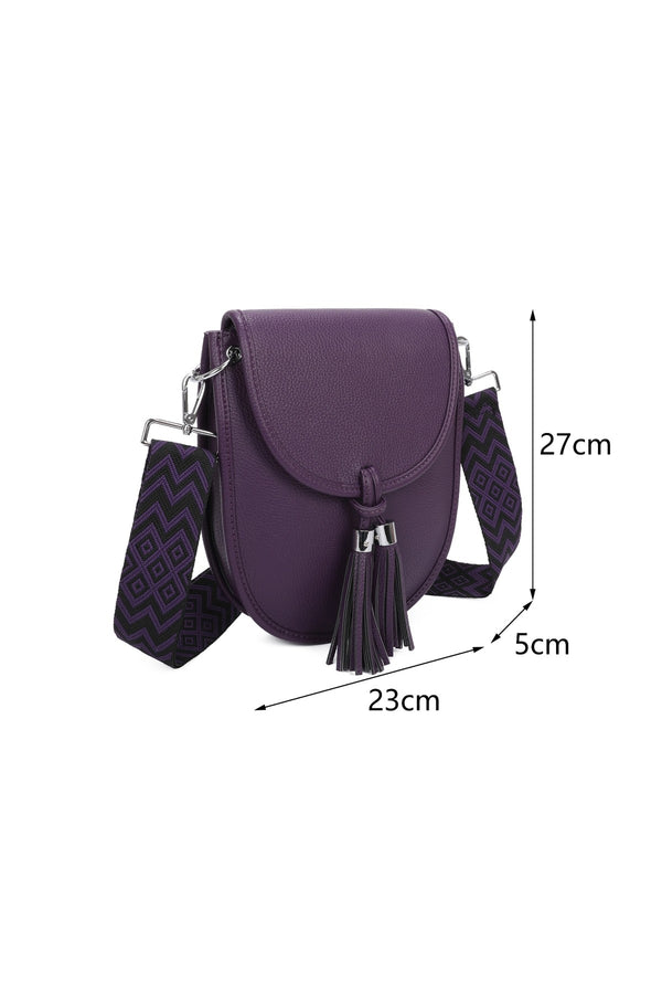 Zemira Flap Over Crossbody Bag With Tassel And Printed Strap - Purple