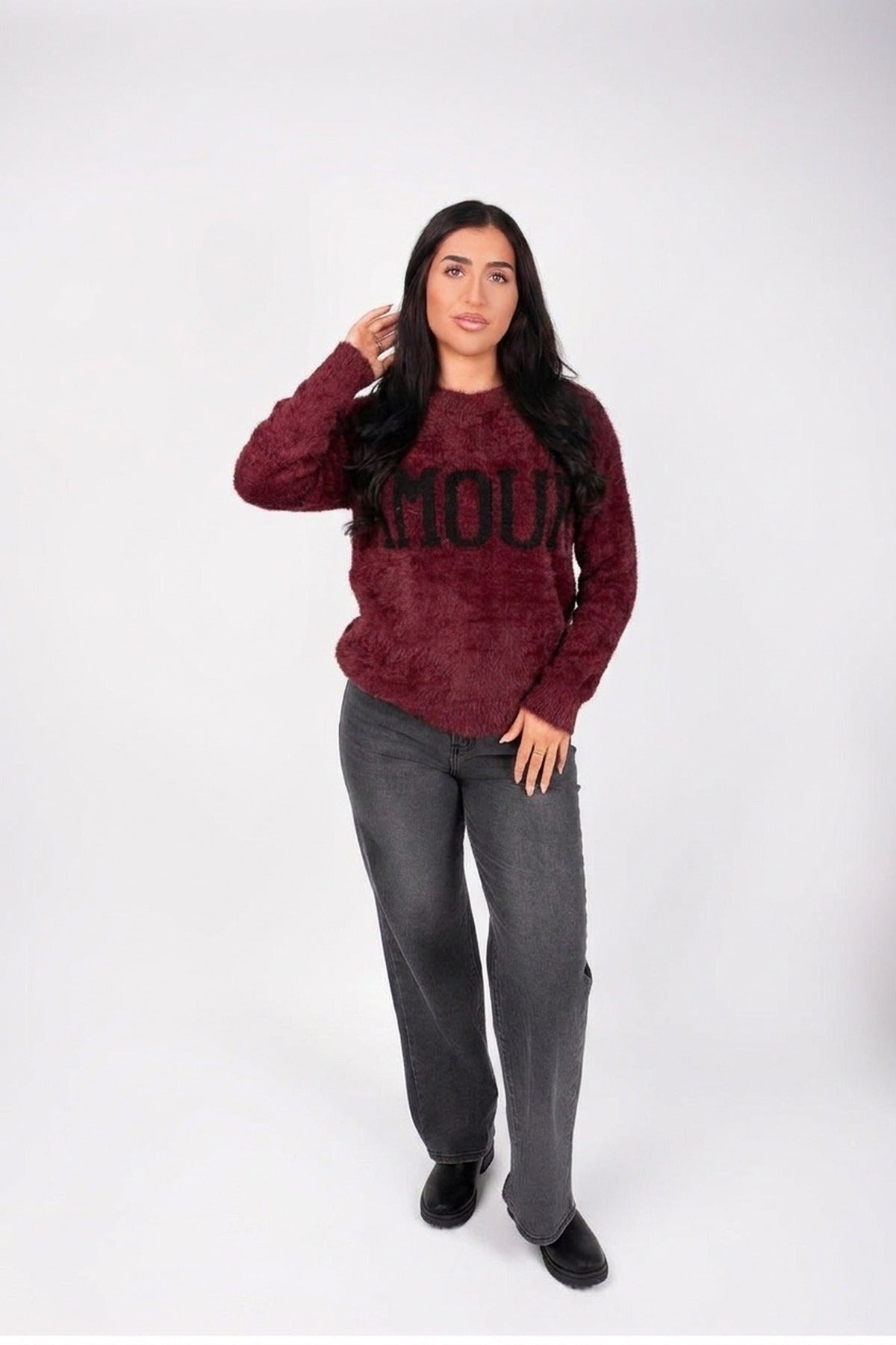 Zenya Fluffy Knit Oversized Jumper With Amour Slogan Detail - Wine