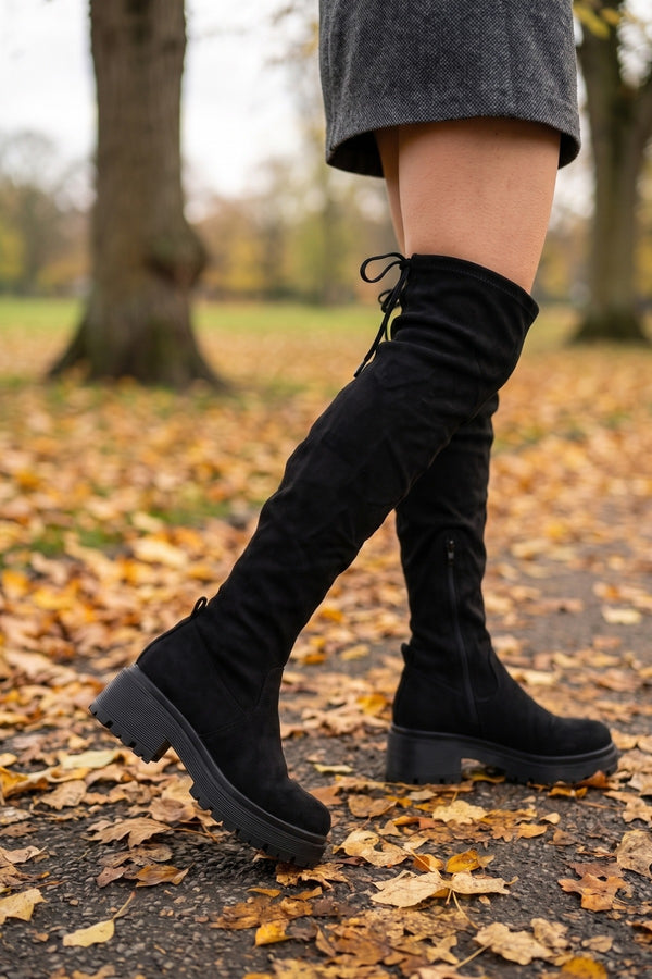 Zinnia Faux Suede Over The Knee Chunky Boots - Black