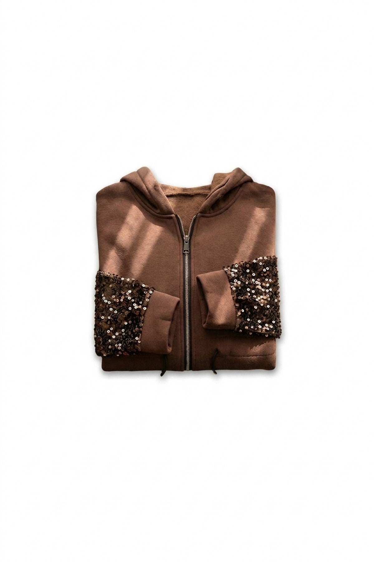 Evalora Zip Up Hoodie With Sequin Sleeve Detail - Brown_wb