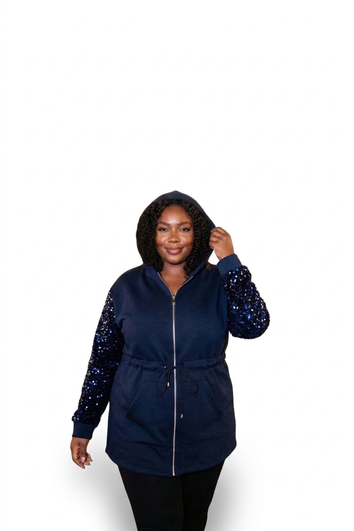 Evalora Zip Up Hoodie With Sequin Sleeve Detail - Navy_wb