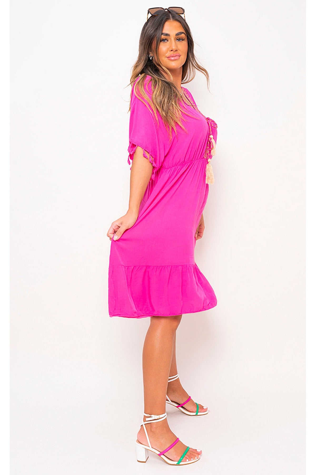Model wearing Maja V-neck Short Sleeve Midi Dress With Tassel Detail