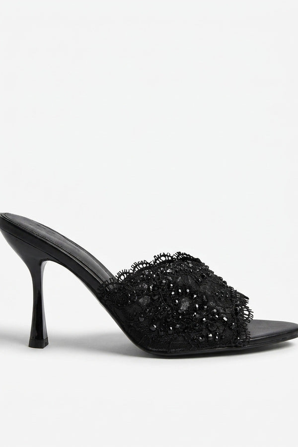 Ines Embellished Lace Stiletto Mules - Black