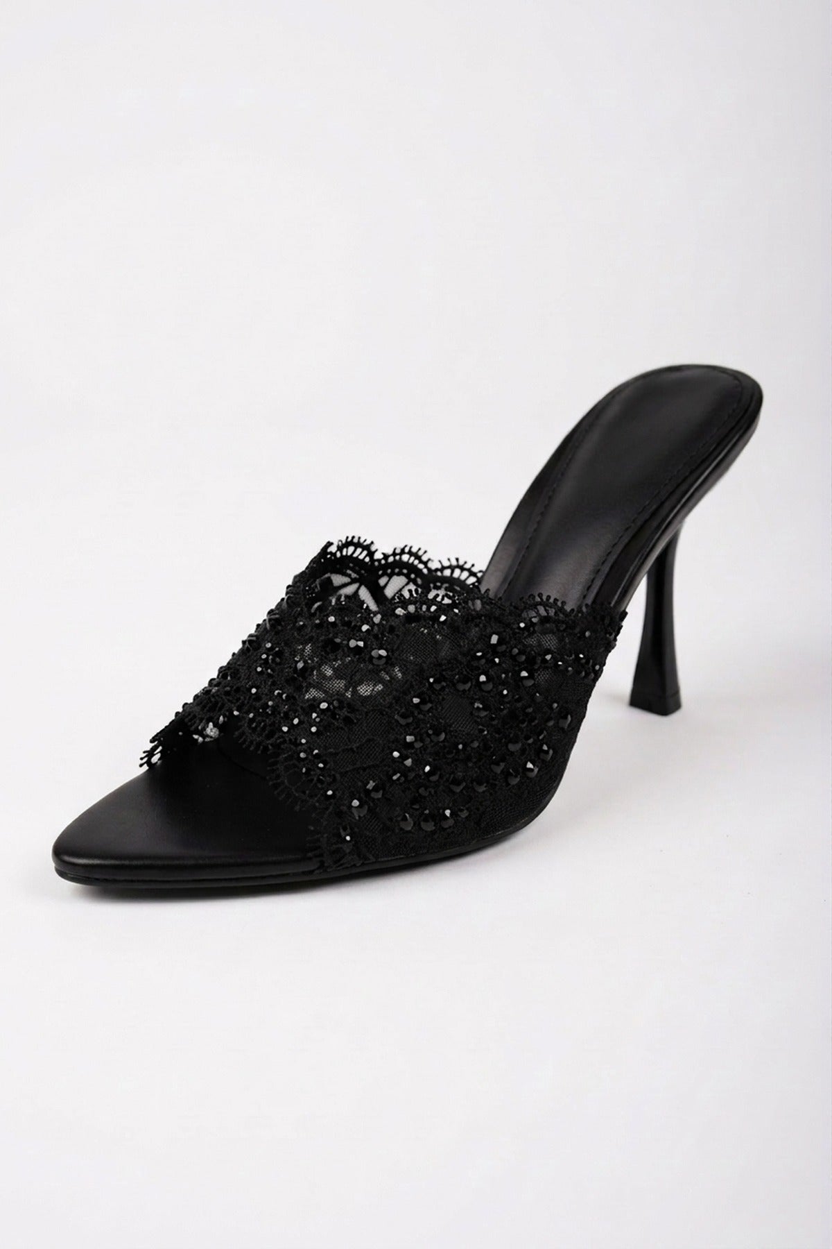 Ines Embellished Lace Stiletto Mules - Black