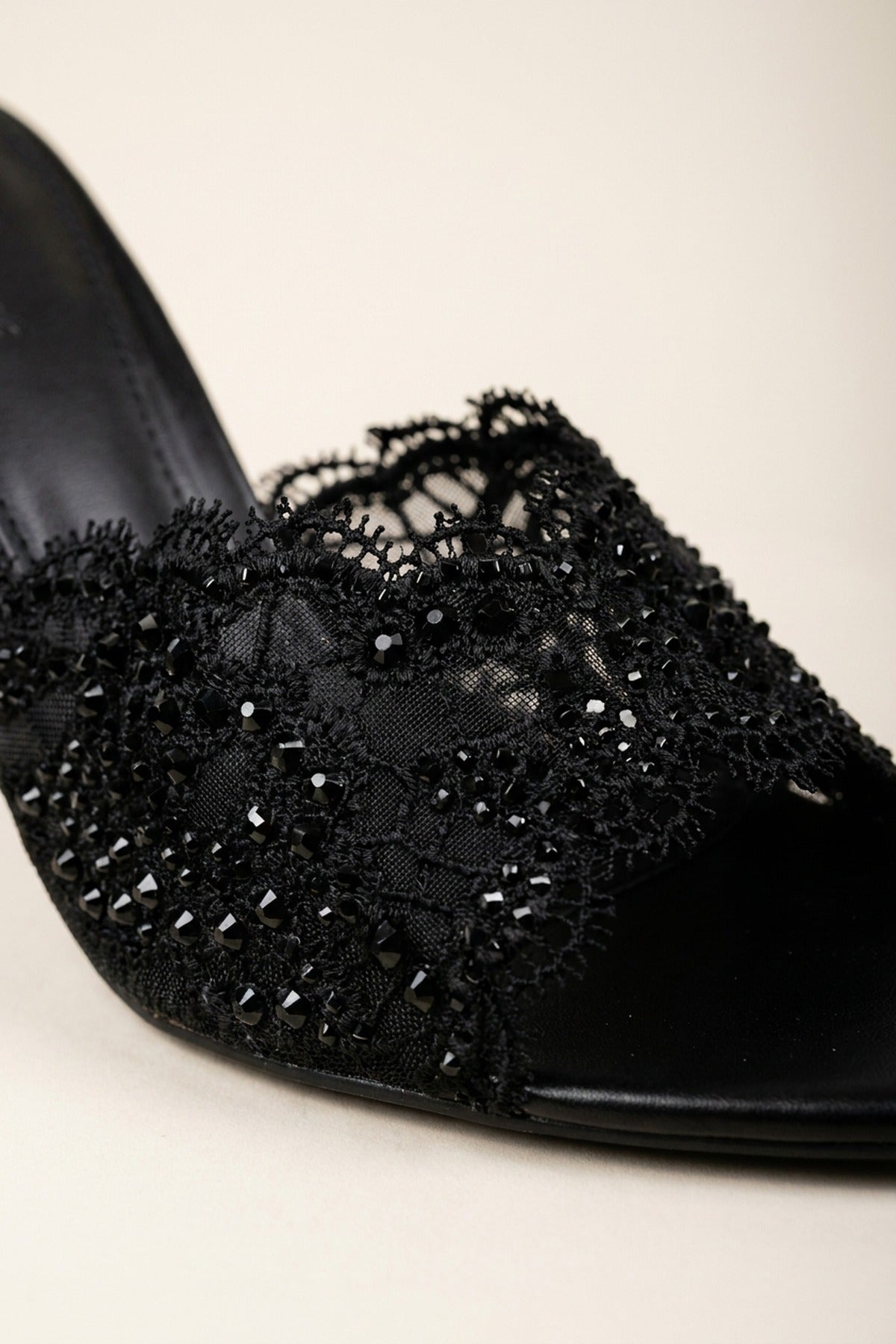 Ines Embellished Lace Stiletto Mules - Black