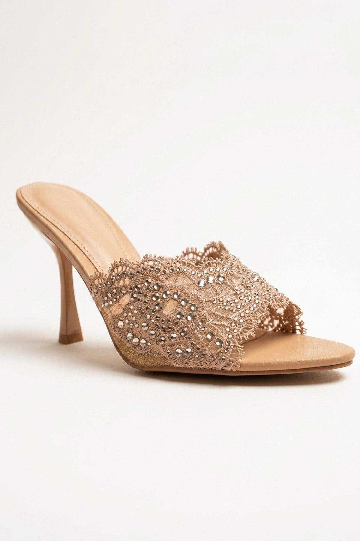 Ines Embellished Lace Stiletto Mules - Nude