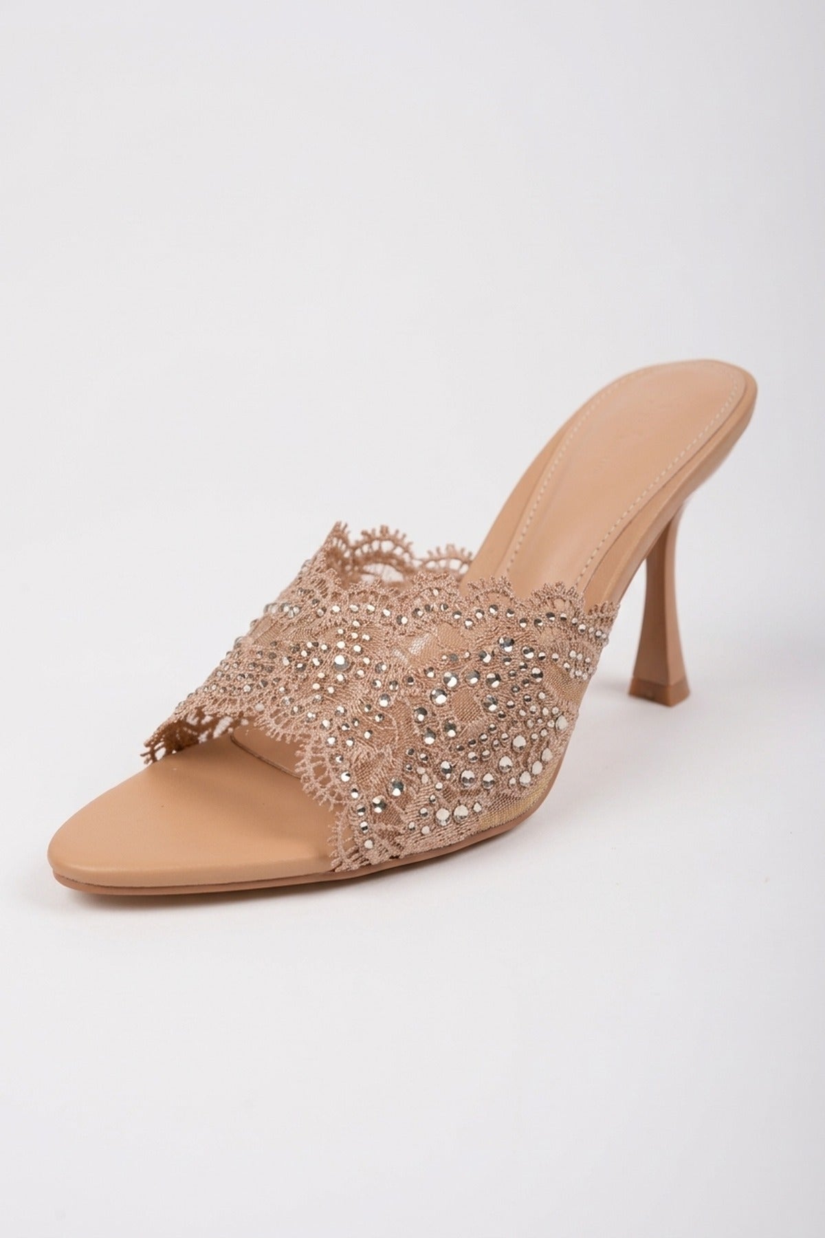 Ines Embellished Lace Stiletto Mules - Nude