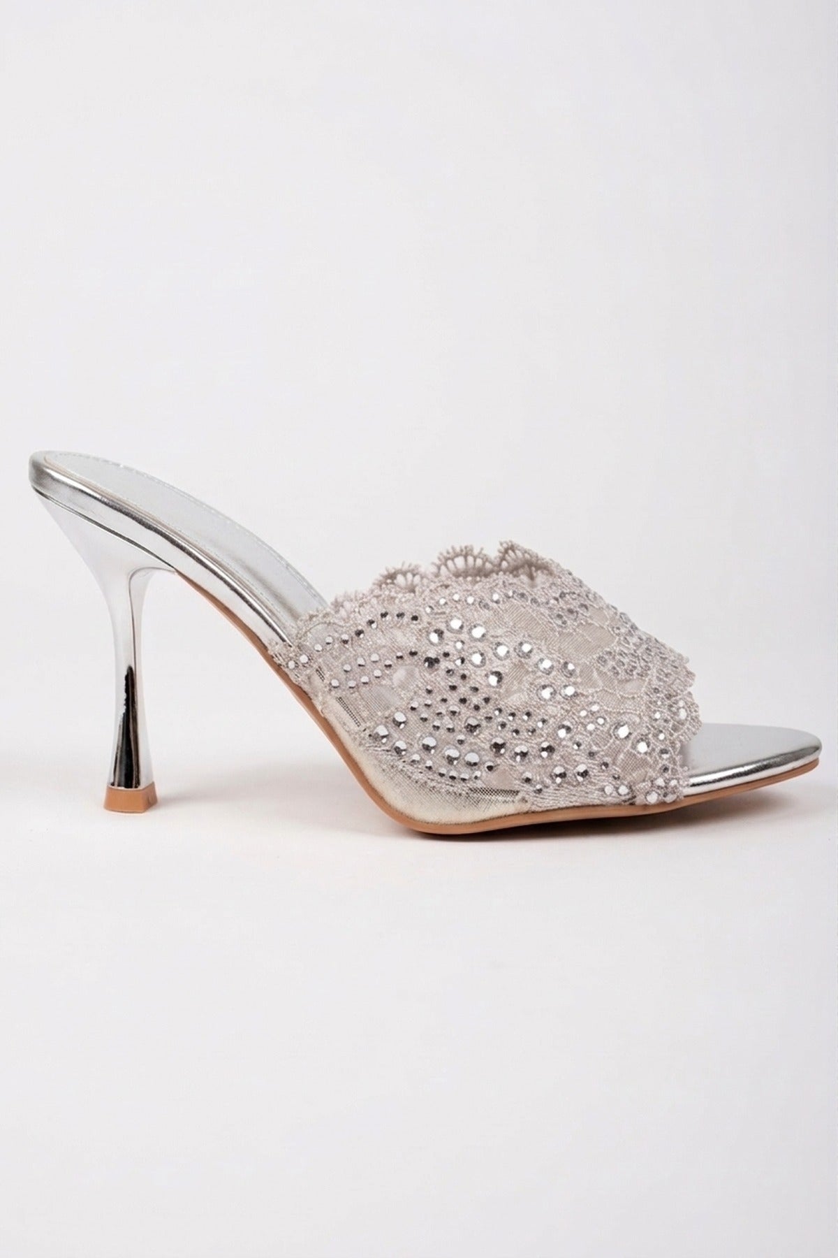 Ines Embellished Lace Stiletto Mules - Silver