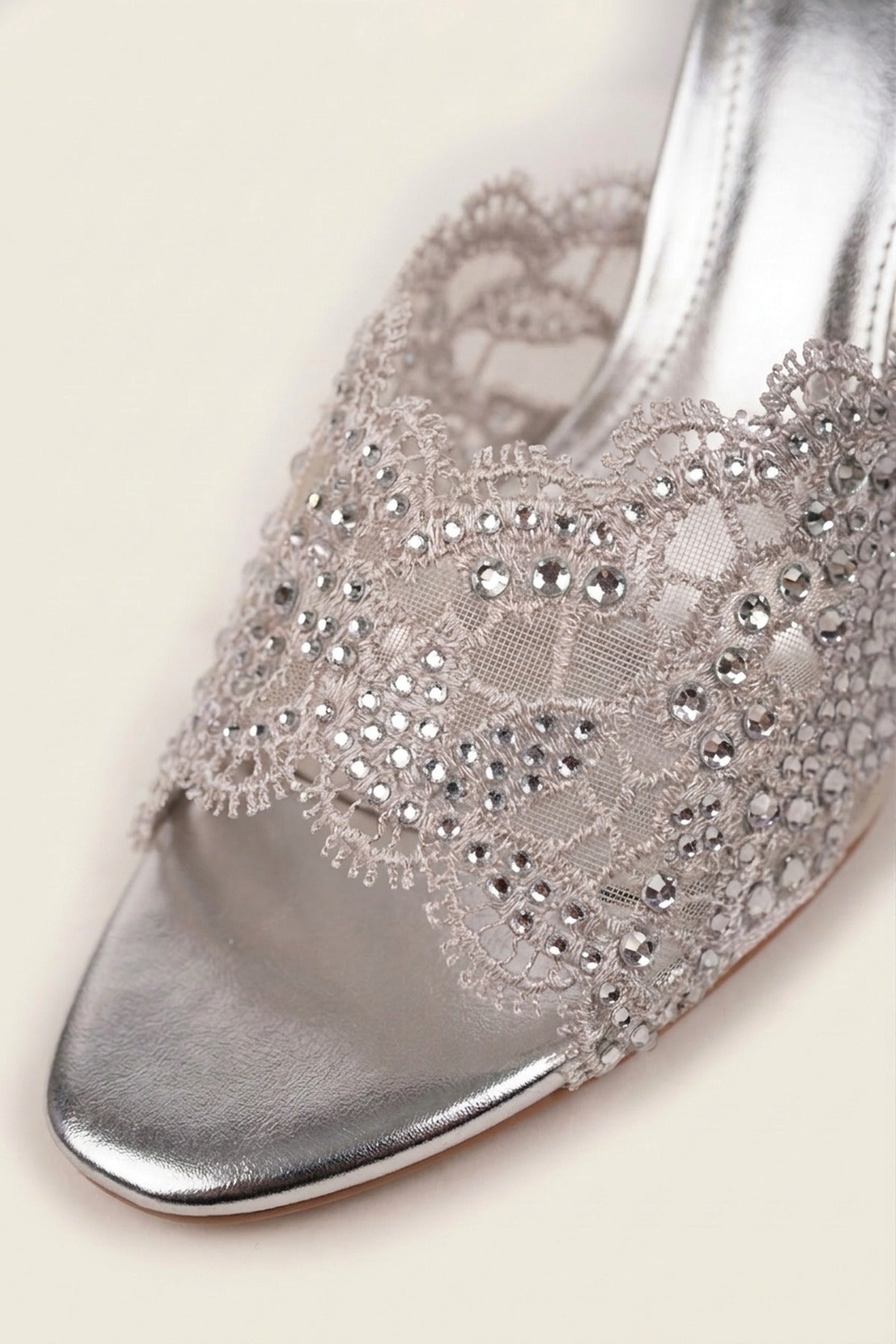 Ines Embellished Lace Stiletto Mules - Silver