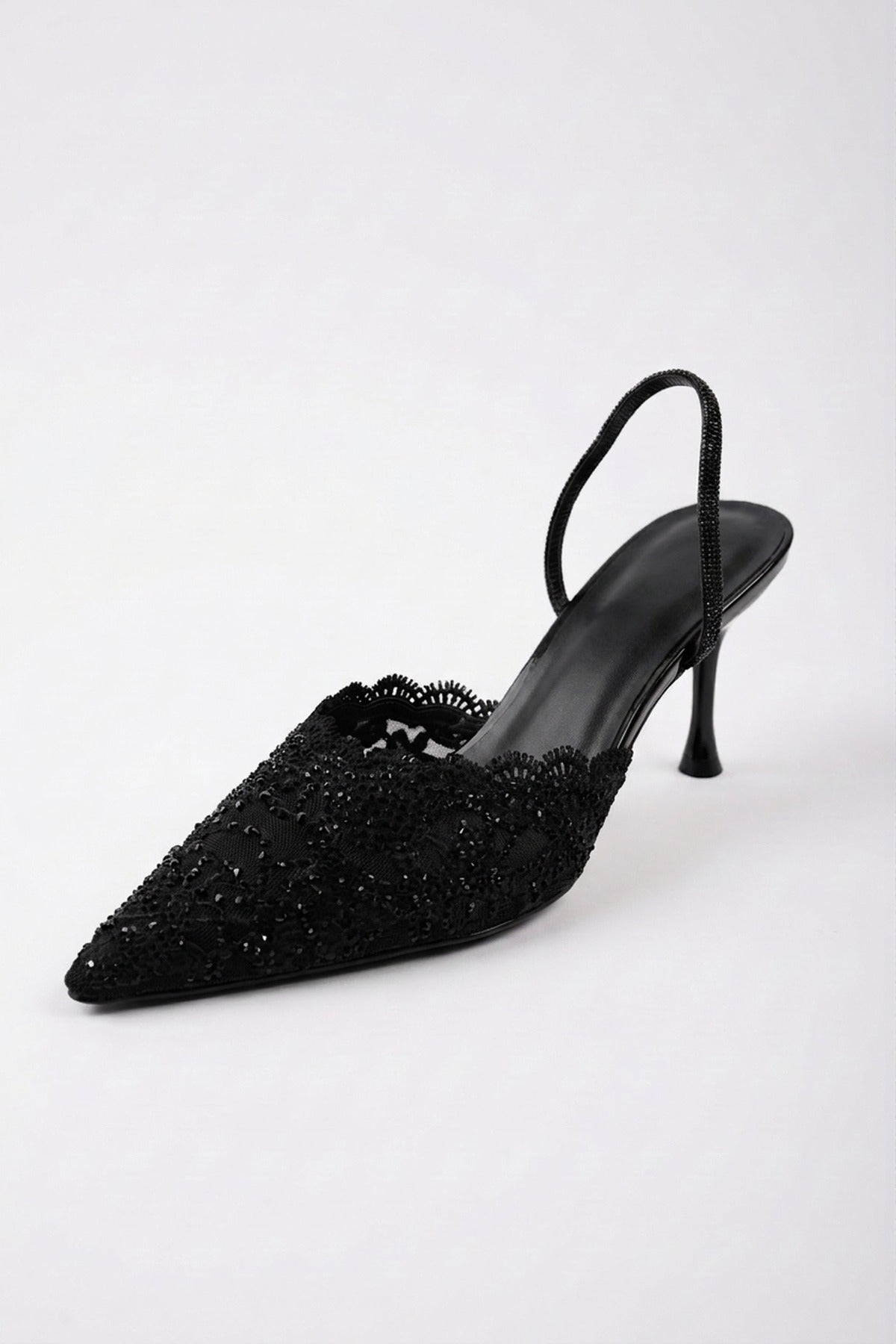 Genevieve Embellished Lace Mesh Pointed Heels - Black