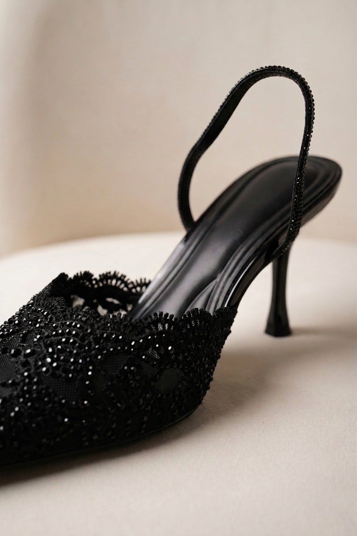Genevieve Embellished Lace Mesh Pointed Heels - Black