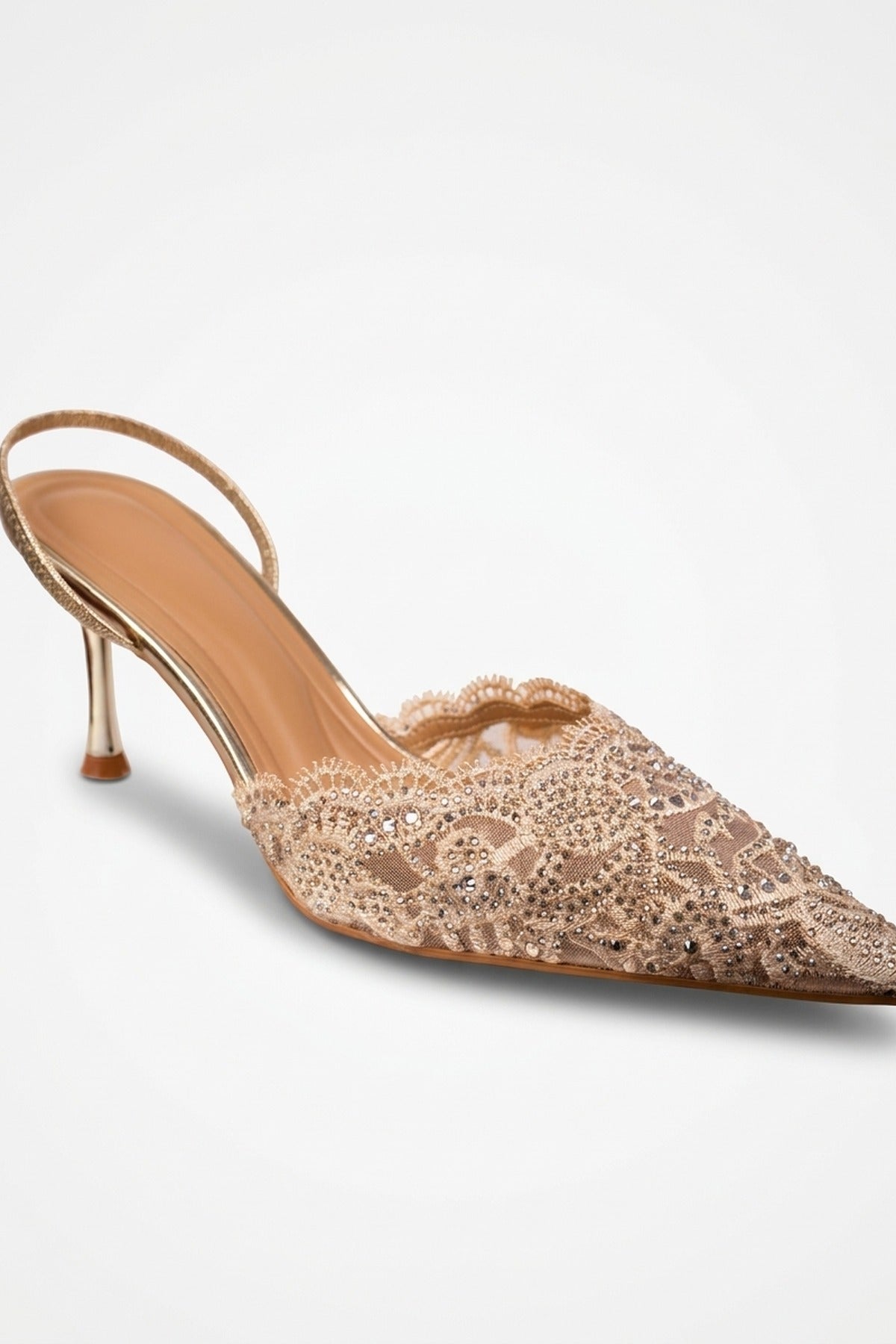 Genevieve Embellished Lace Mesh Pointed Heels - Gold