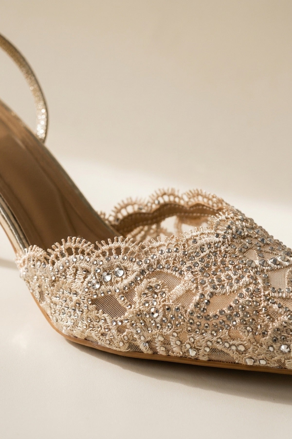 Genevieve Embellished Lace Mesh Pointed Heels - Gold