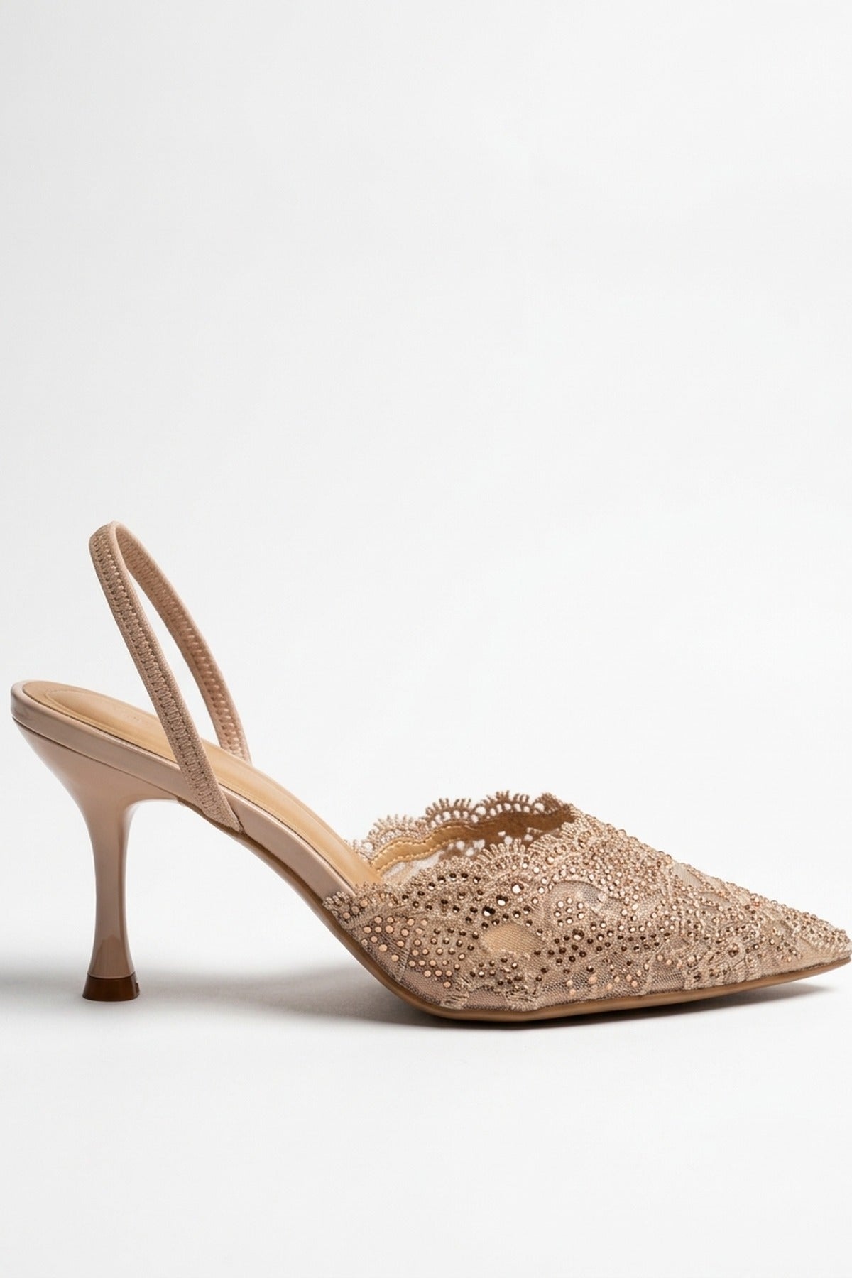 Genevieve Embellished Lace Mesh Pointed Heels - Nude