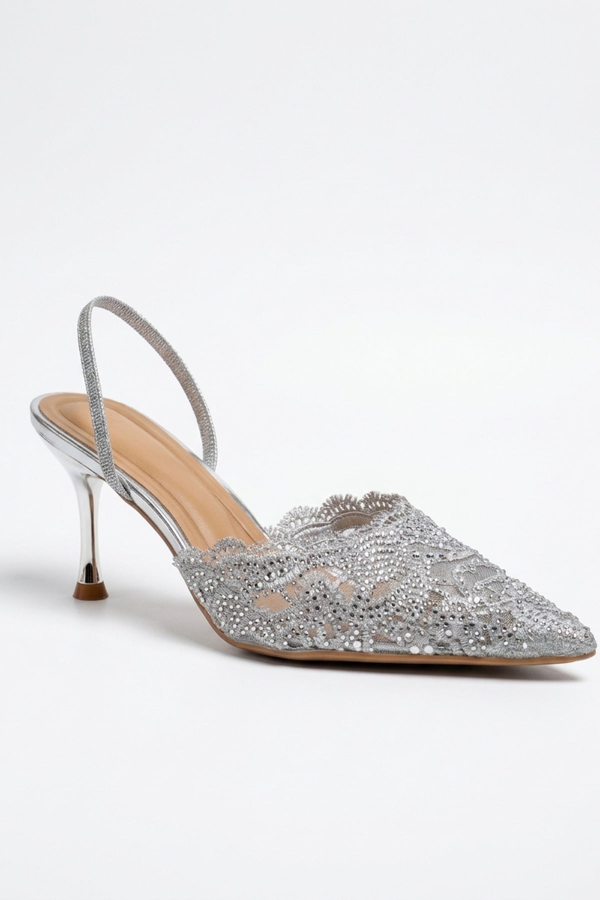 Genevieve Embellished Lace Mesh Pointed Heels - Silver