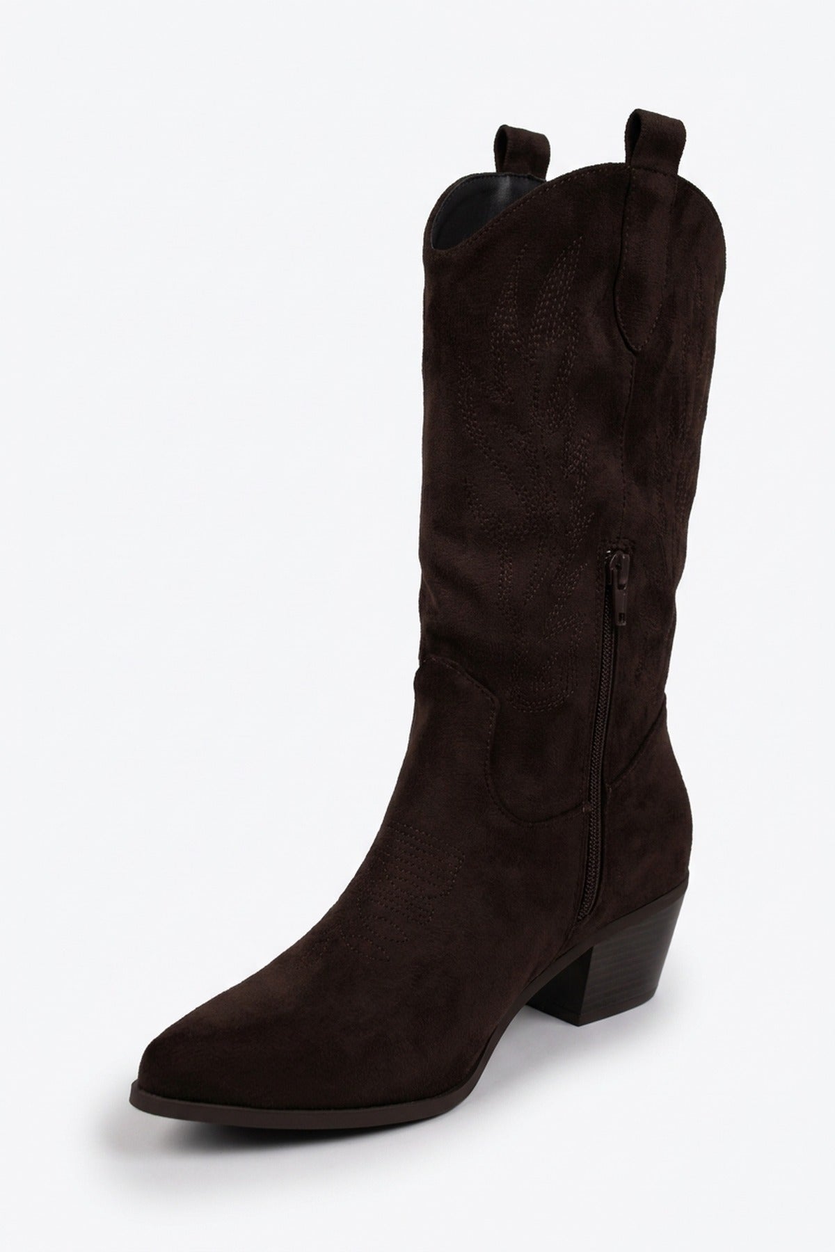 Tula Faux Suede Embroidered Western Boots - Brown