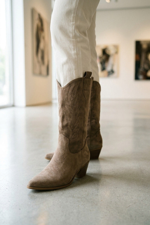 Tula Faux Suede Embroidered Western Boots - Khaki