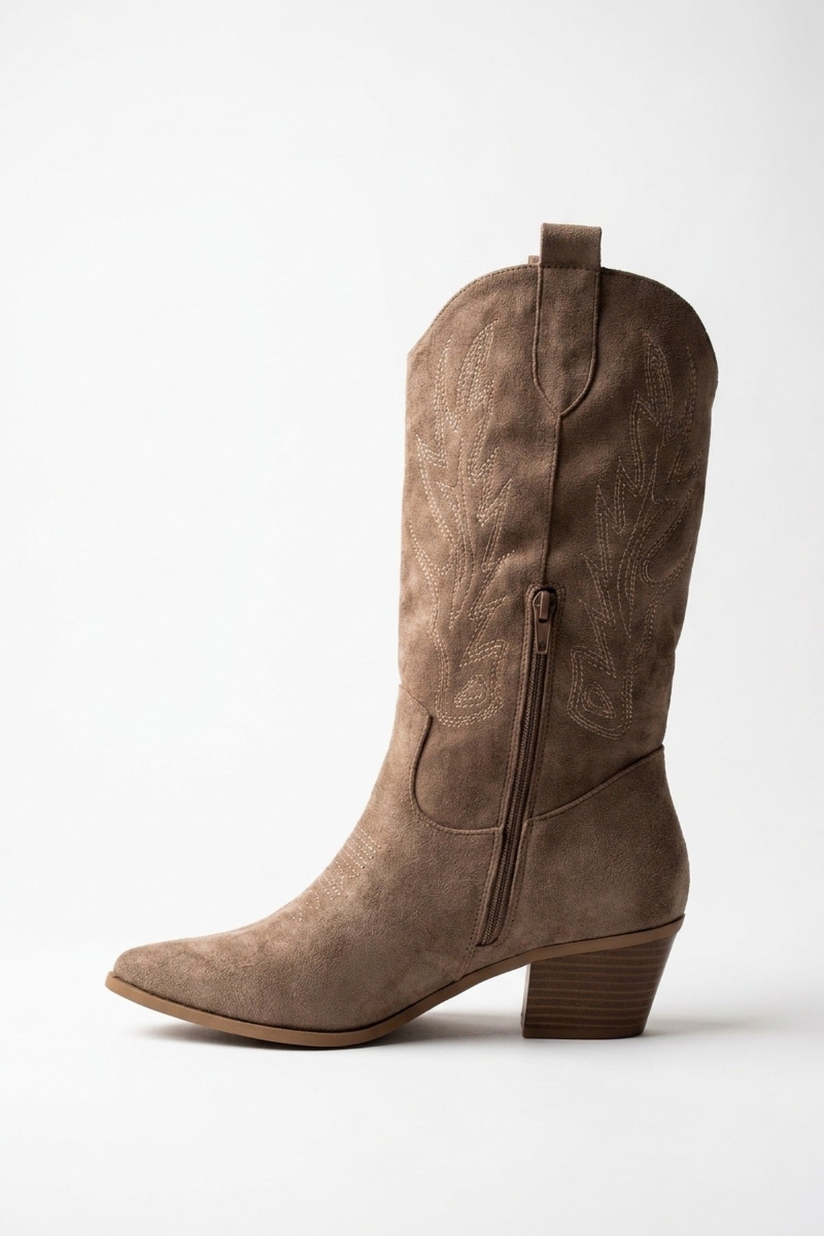 Tula Faux Suede Embroidered Western Boots - Khaki