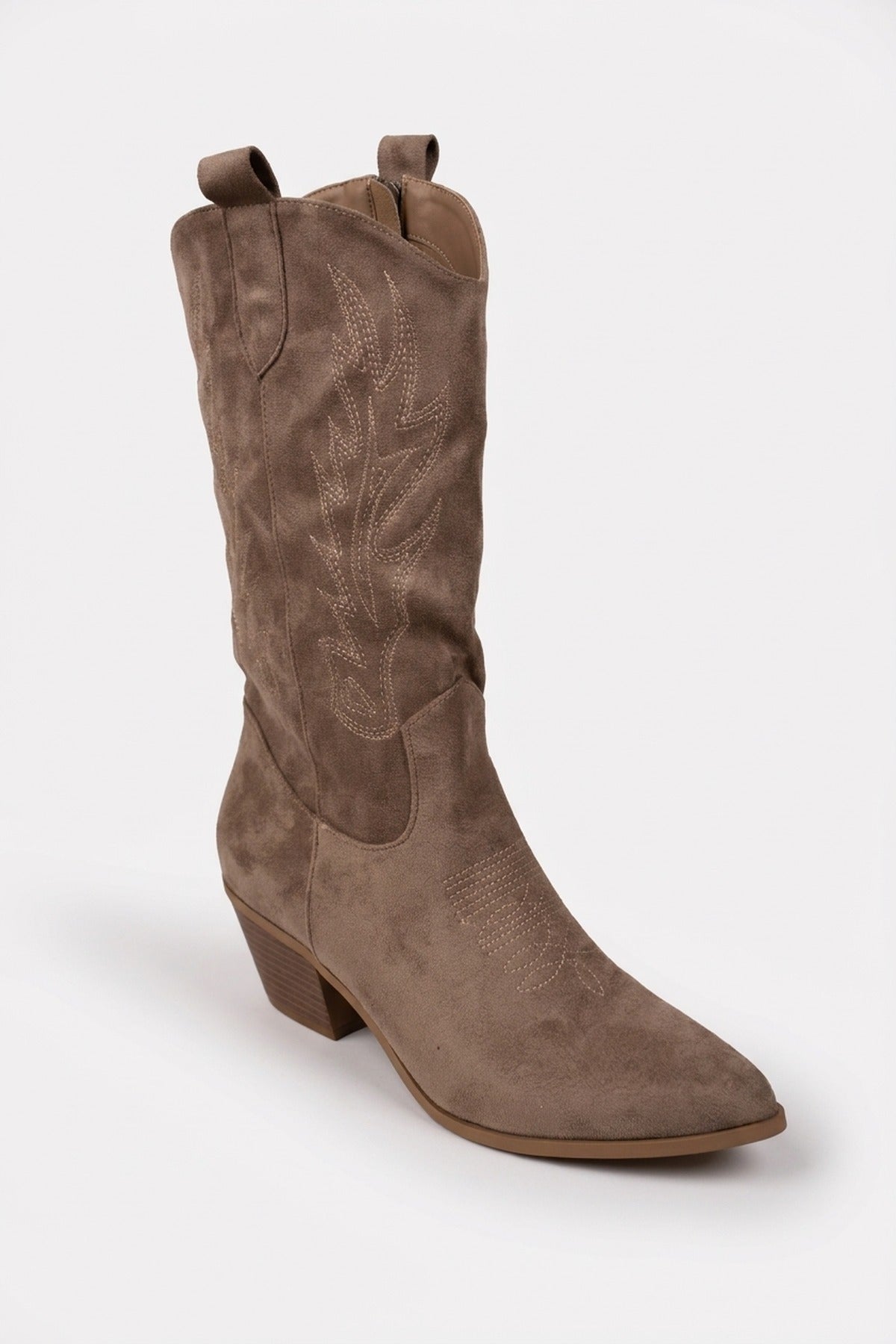 Tula Faux Suede Embroidered Western Boots - Khaki