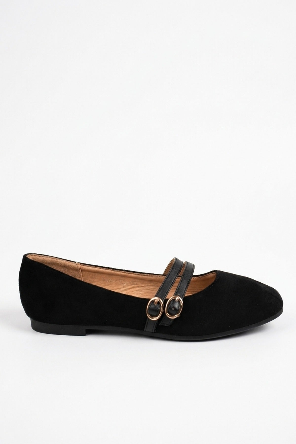 Saoirse Faux Suede Double Buckle Strap Ballet Flats - Black