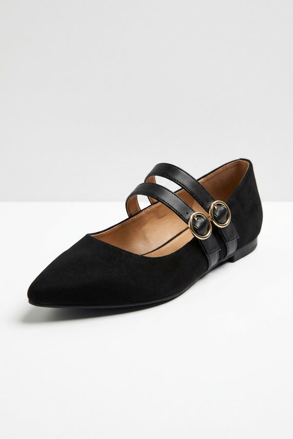 Saoirse Faux Suede Double Buckle Strap Ballet Flats - Black