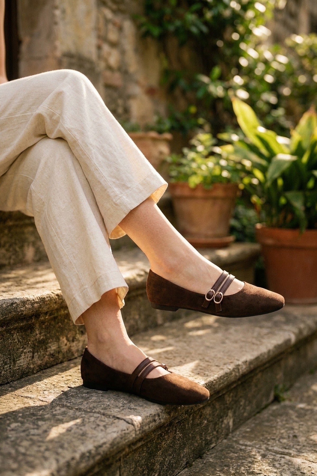 Saoirse Faux Suede Double Buckle Strap Ballet Flats - Brown