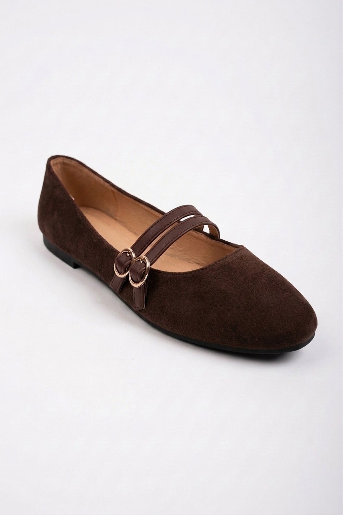 Saoirse Faux Suede Double Buckle Strap Ballet Flats - Brown