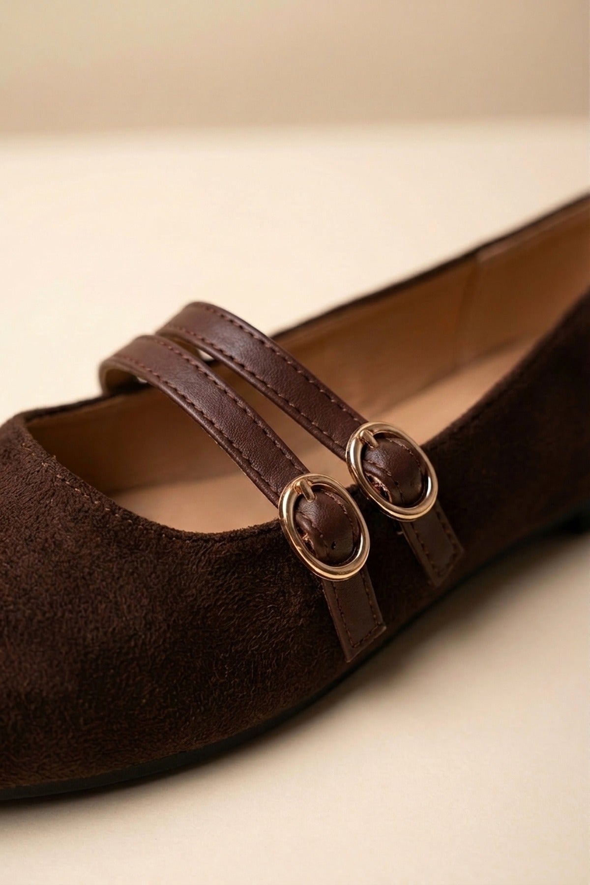 Saoirse Faux Suede Double Buckle Strap Ballet Flats - Brown