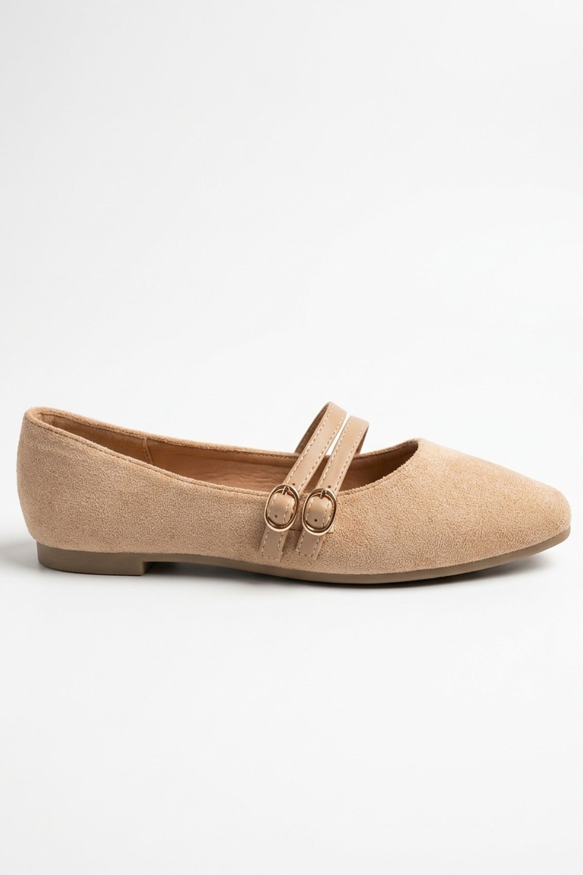 Saoirse Faux Suede Double Buckle Strap Ballet Flats - Camel