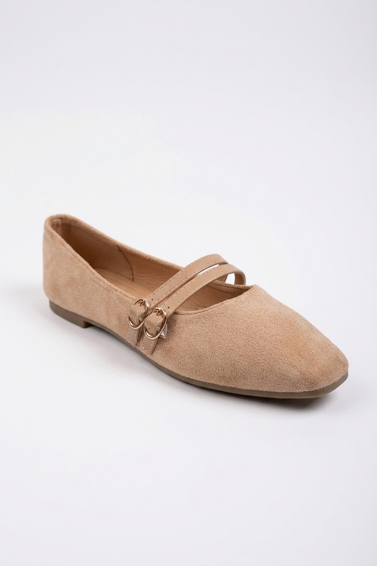 Saoirse Faux Suede Double Buckle Strap Ballet Flats - Camel