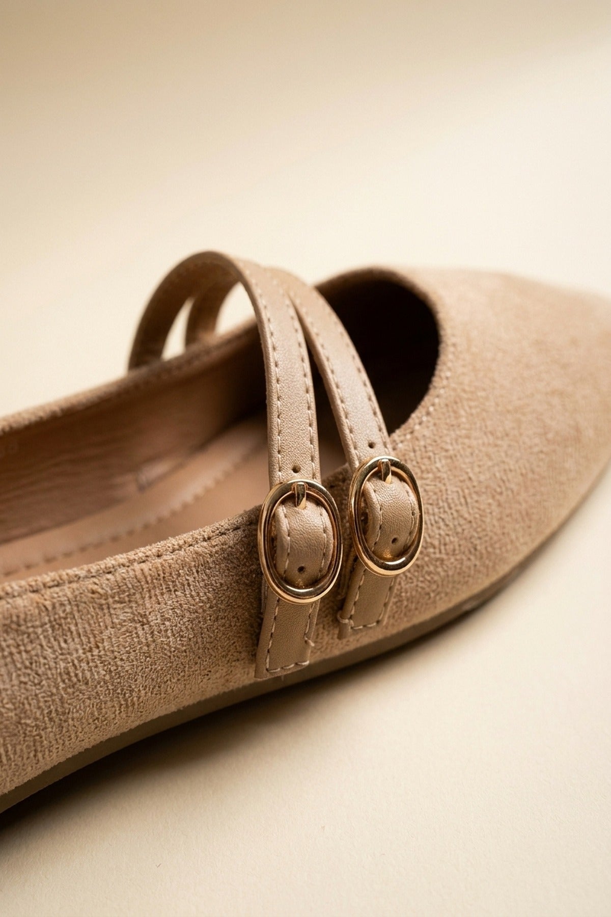 Saoirse Faux Suede Double Buckle Strap Ballet Flats - Camel