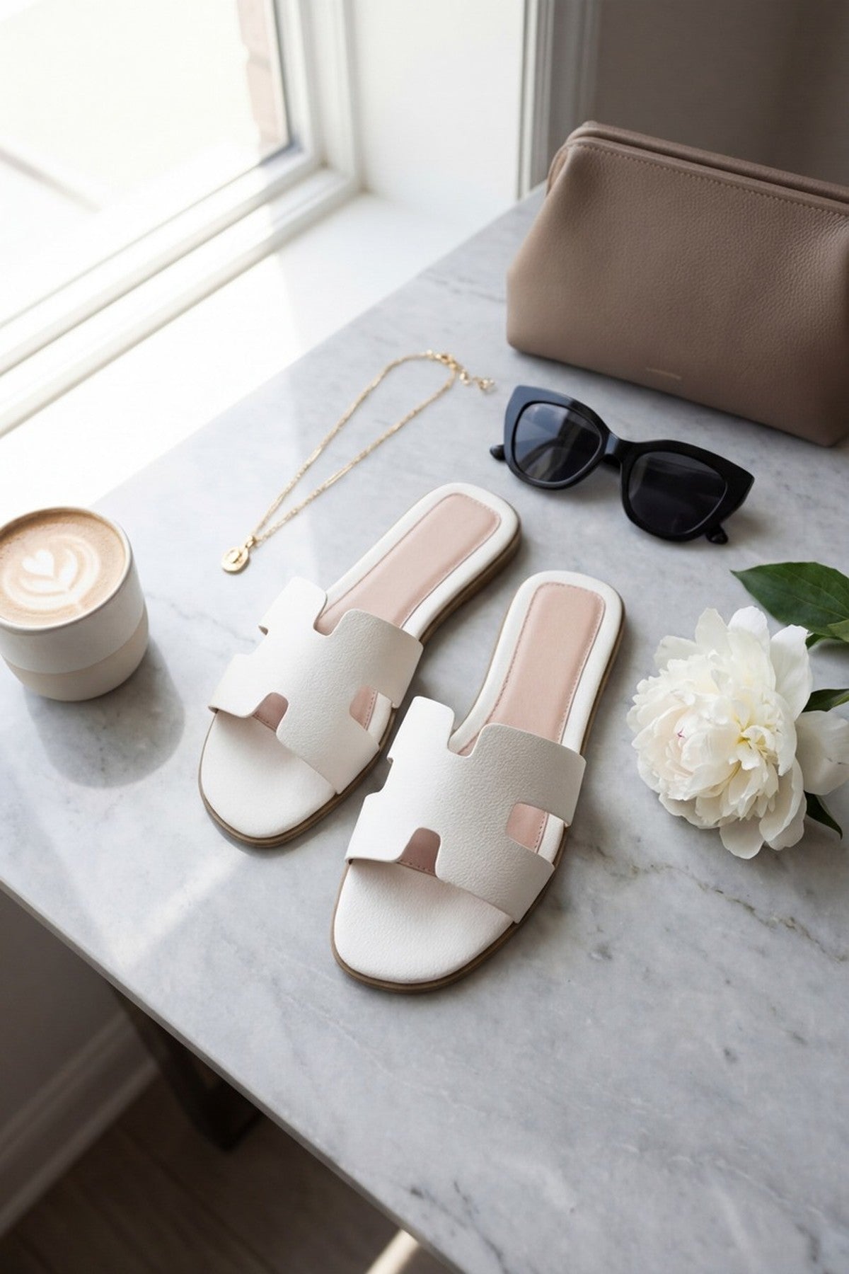 Aria Womens H-Strap Flat Slide Sandals - WHITE