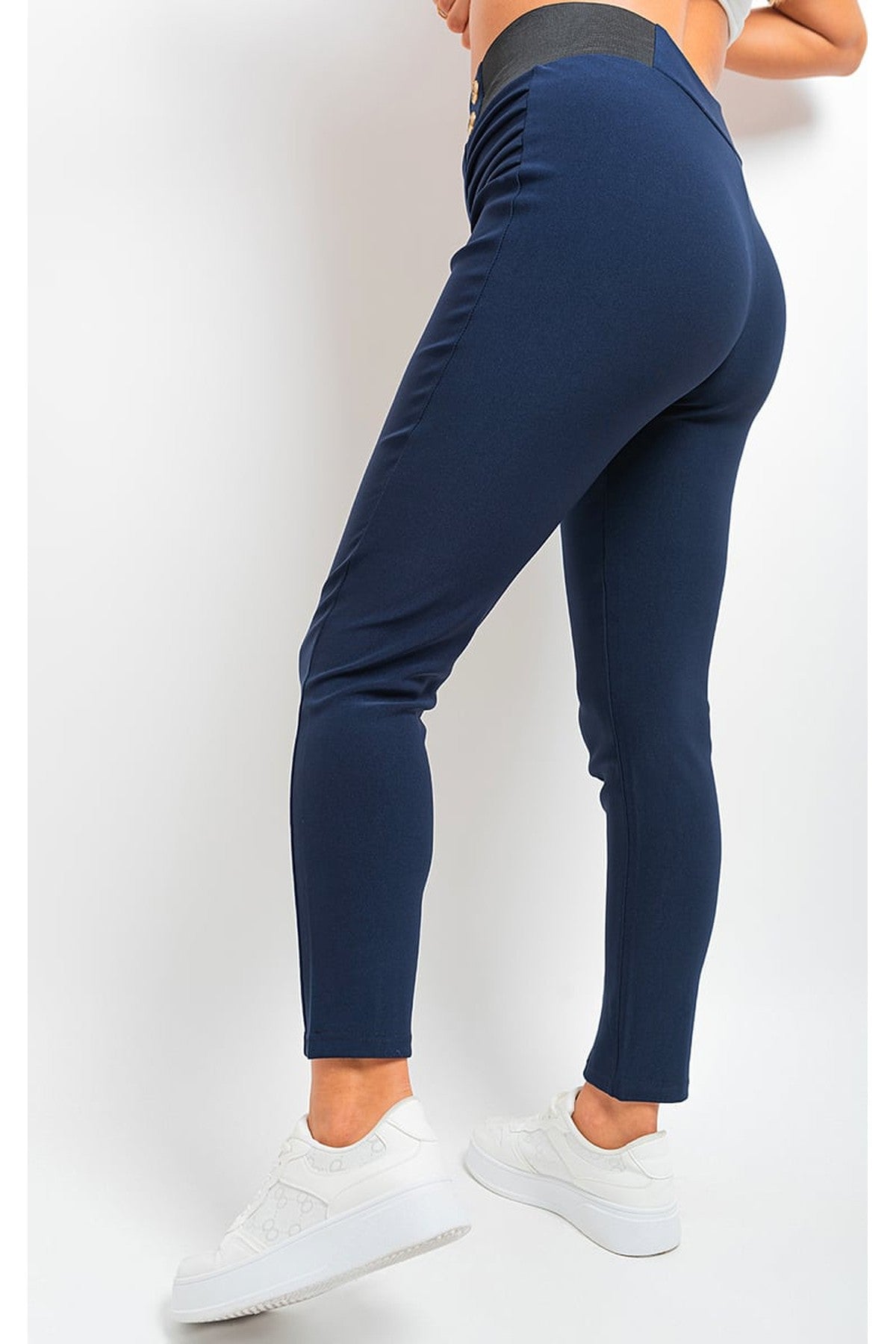 Ariah Elastic Waist Button Detail Leggings - NAVY