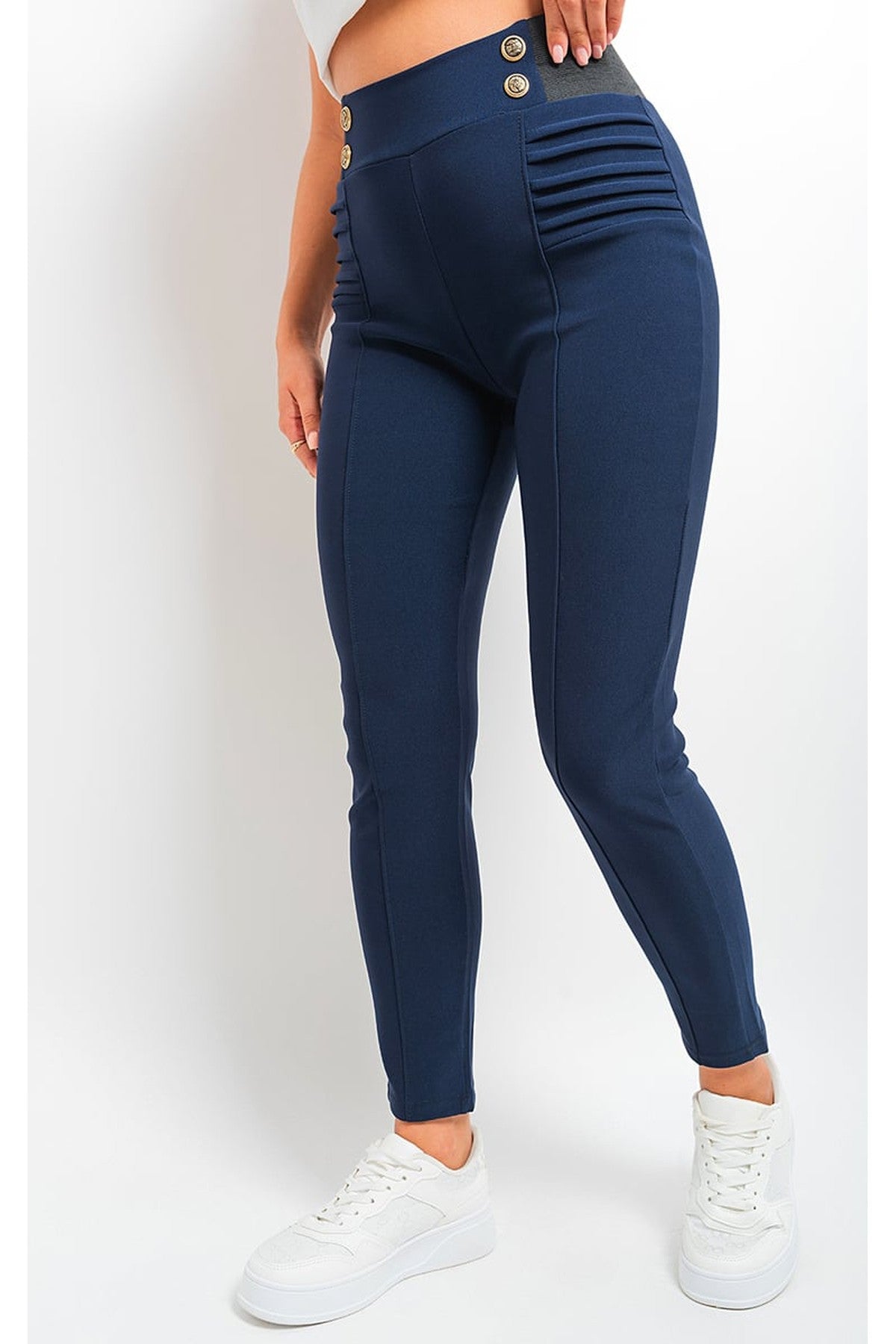 Ariah Elastic Waist Button Detail Leggings - NAVY