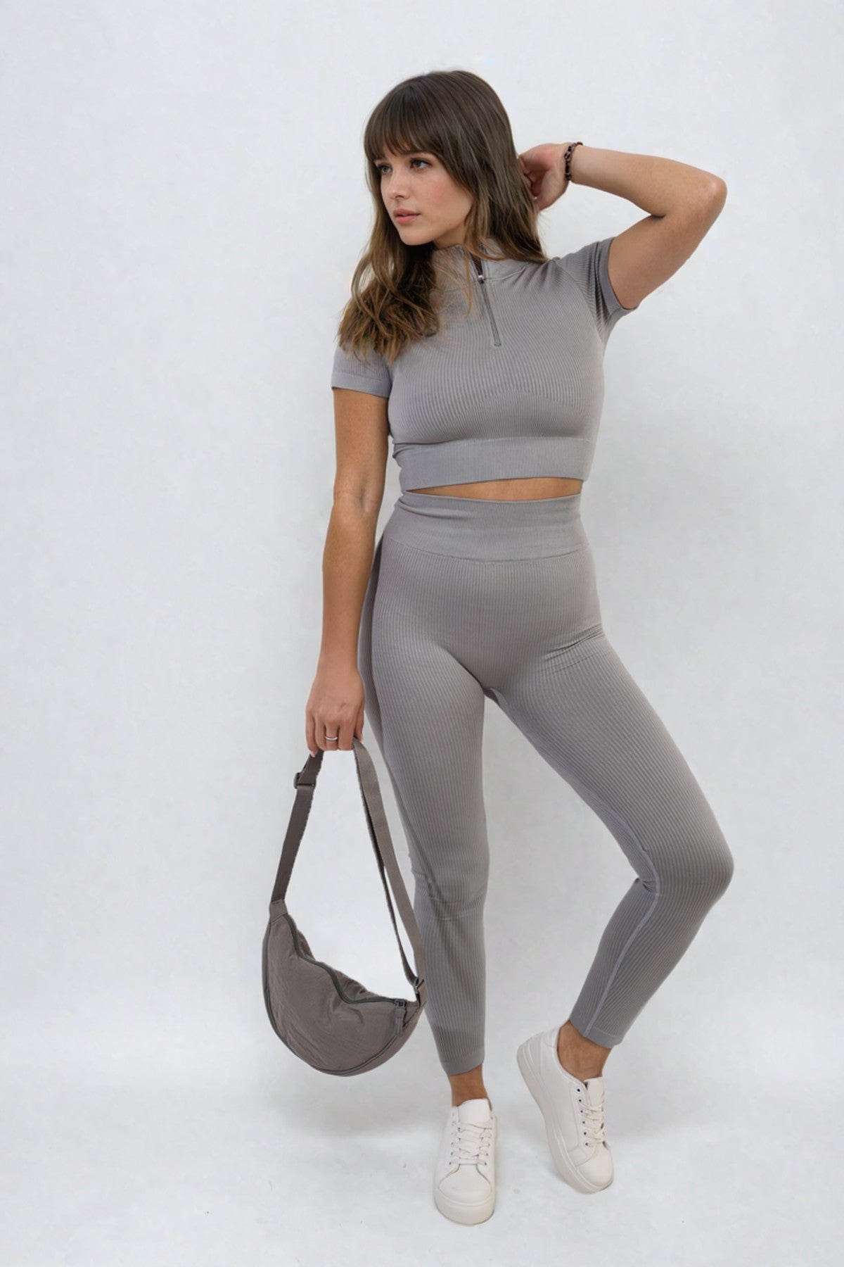 Ayah Ribbed Half Zip Crop Top And High Waist Leggings Co-Ord Set - GREY