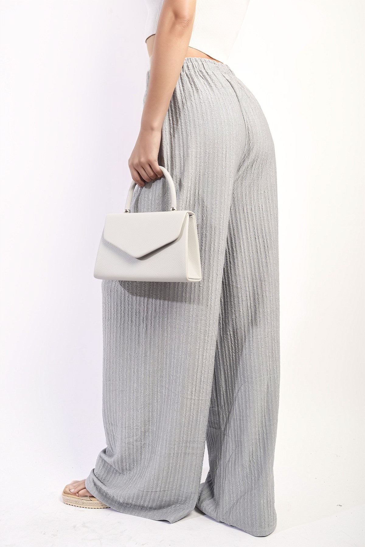 Carla Textured Wide Leg Drawstring Trousers - GREY