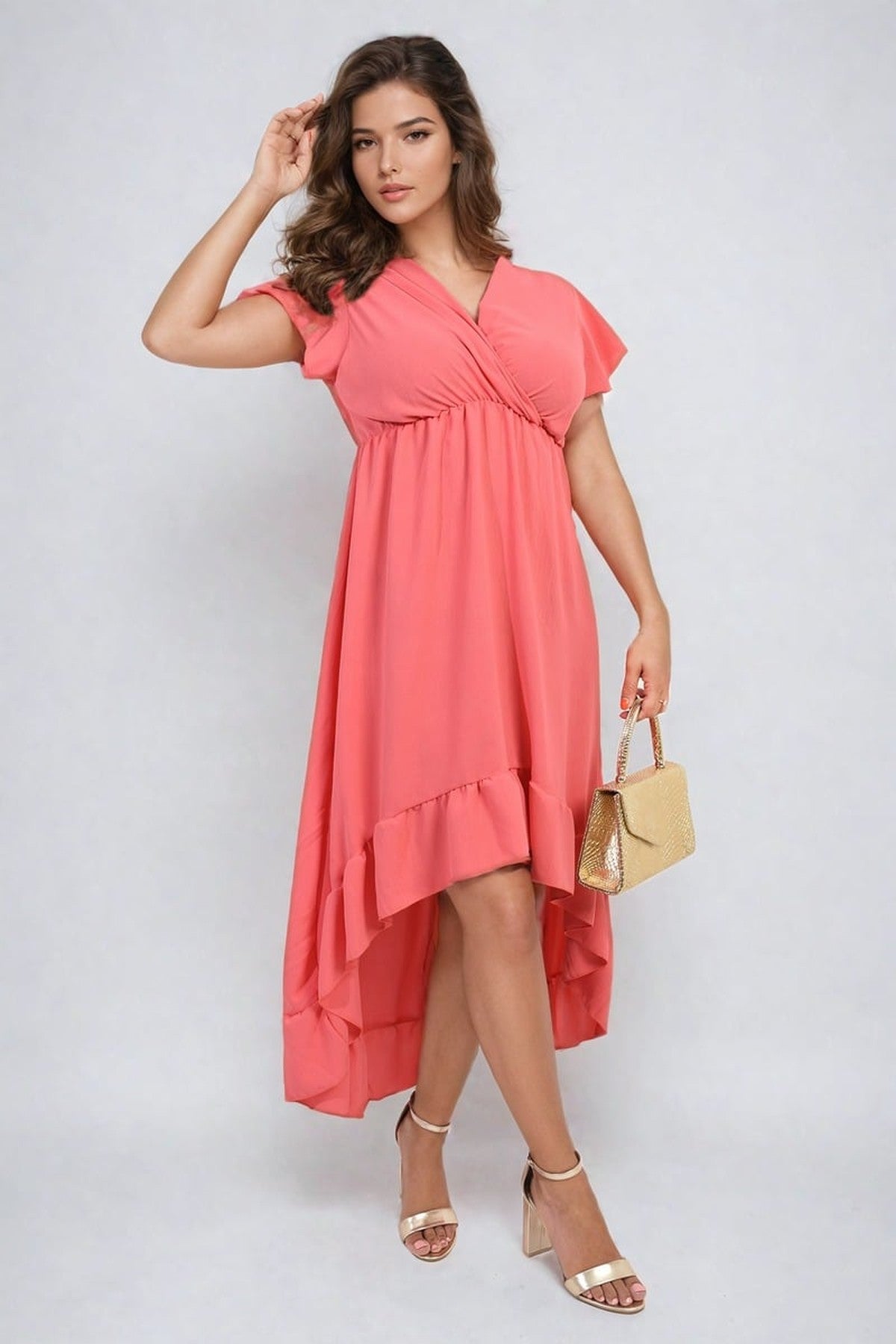 Catalina High Low Ruffle Hem Maxi Dress - CORAL