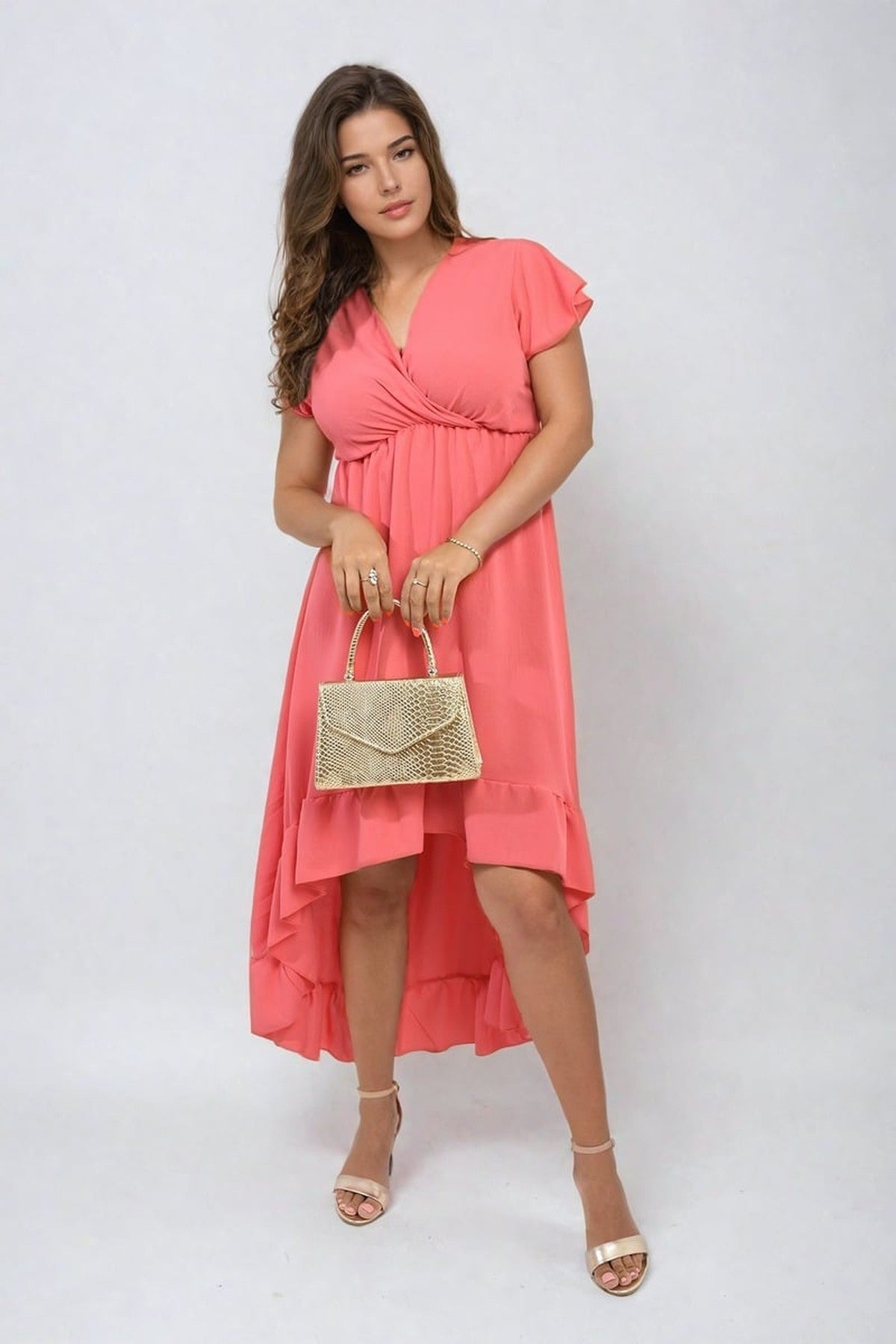 Catalina High Low Ruffle Hem Maxi Dress - CORAL