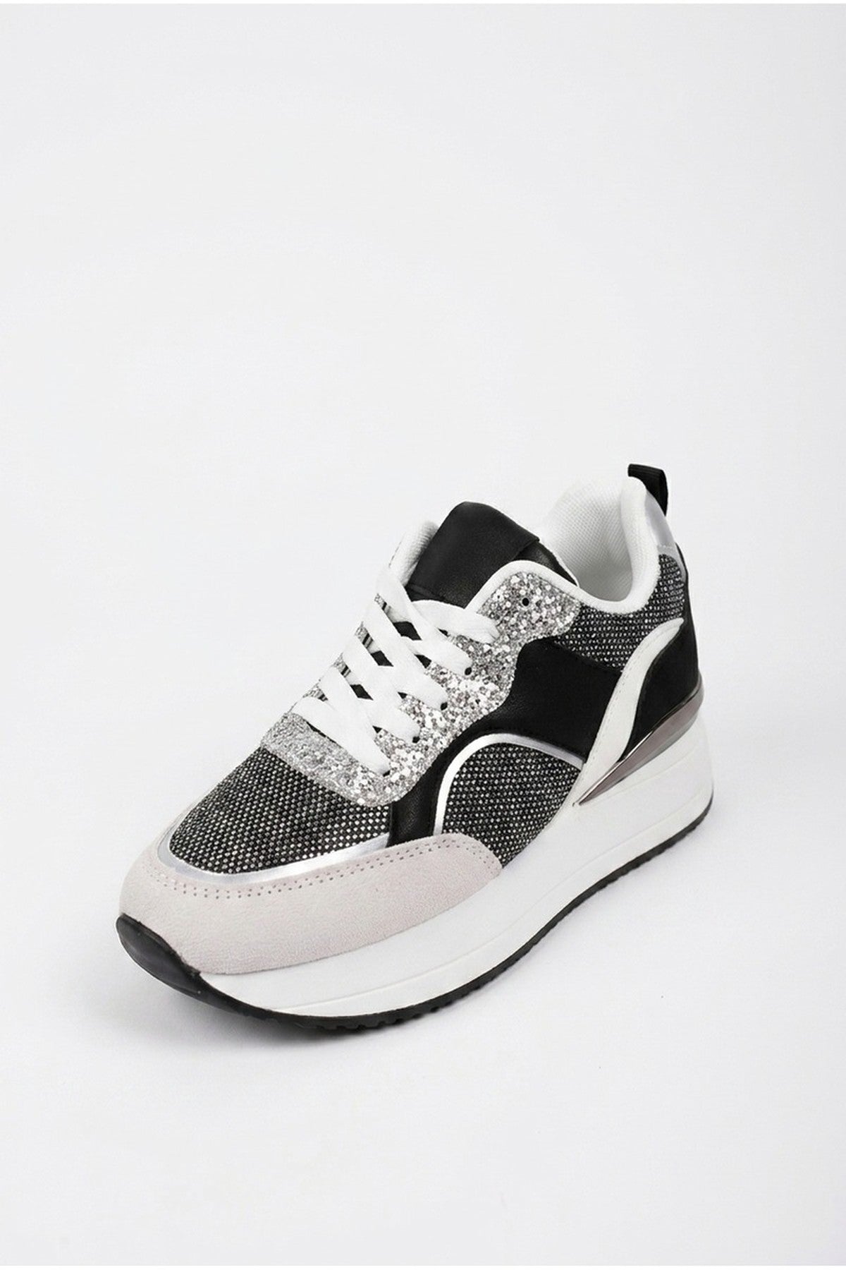 Chloe Womens Glitter Panel Platform Trainers - Black