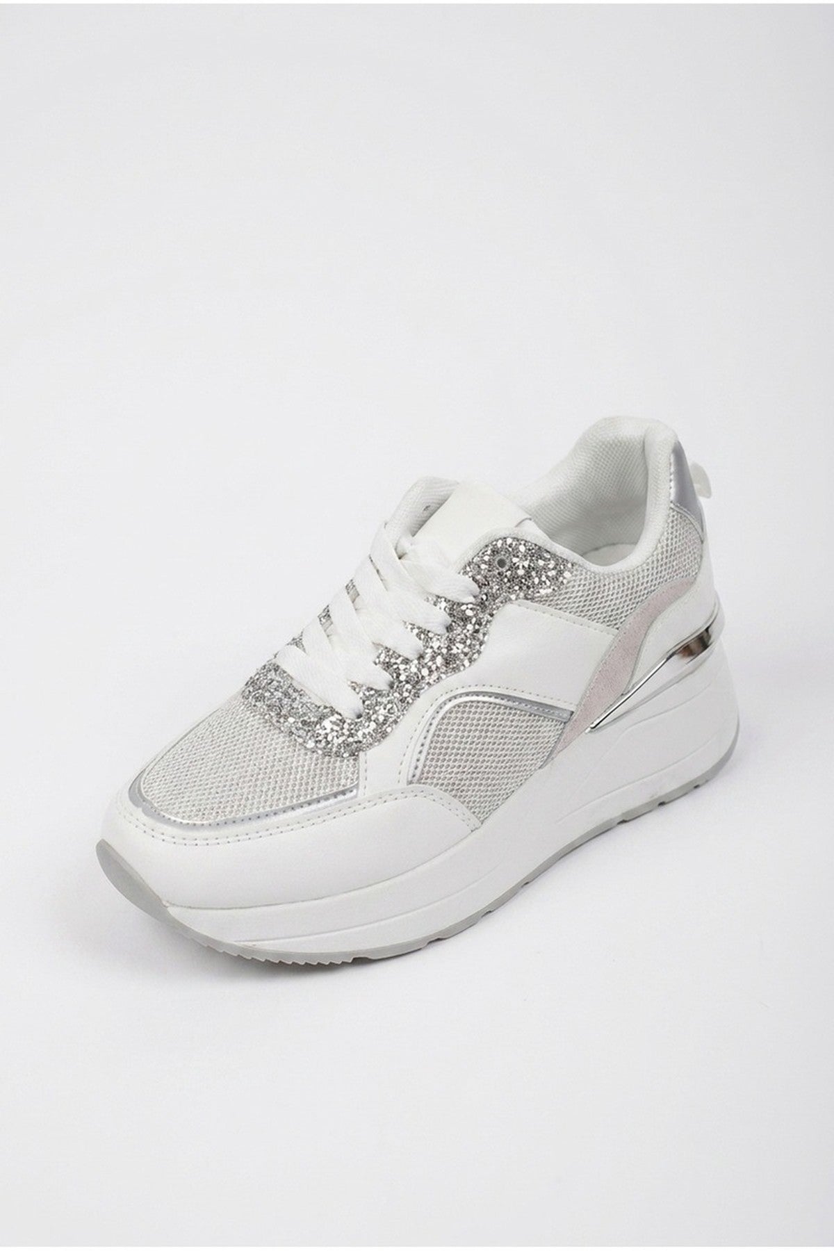 Chloe Womens Glitter Panel Platform Trainers - Silver