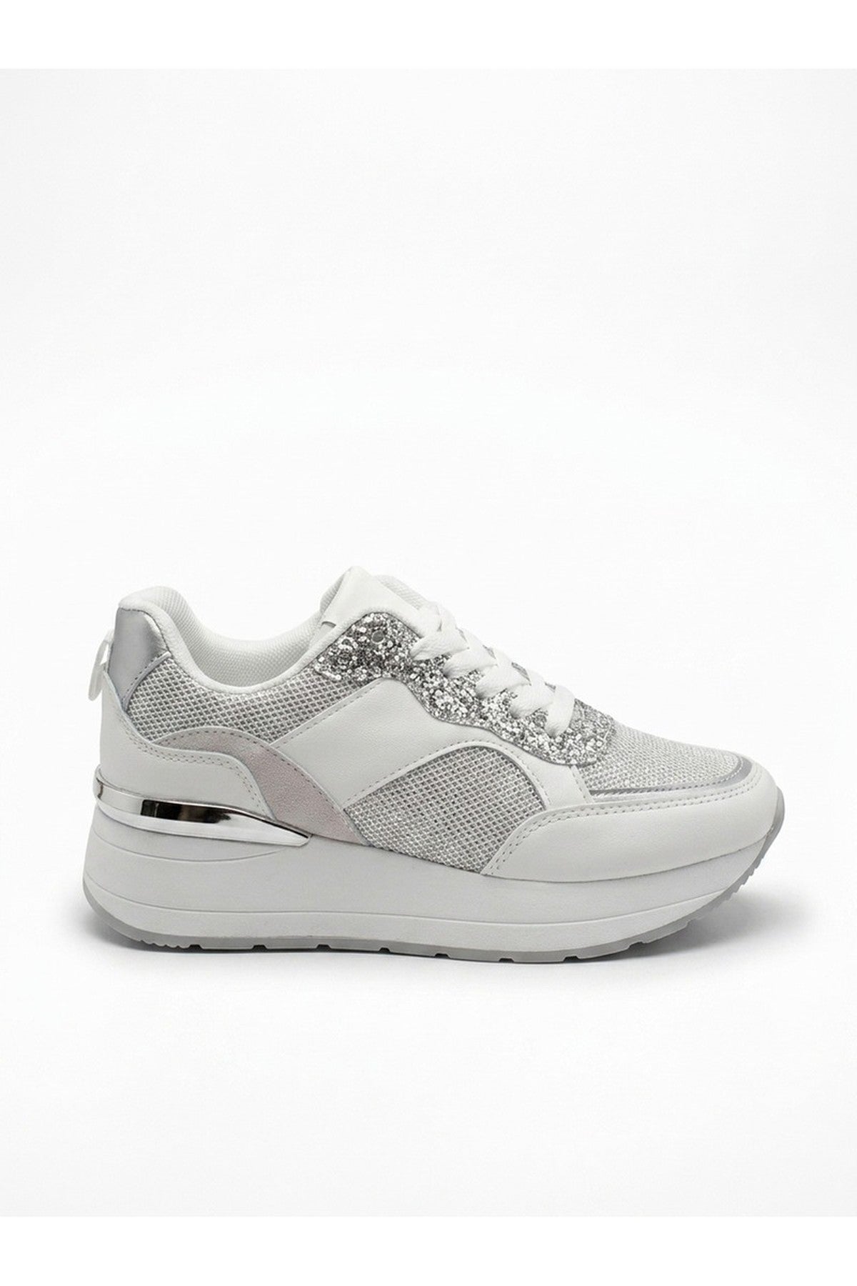 Chloe Womens Glitter Panel Platform Trainers - Silver
