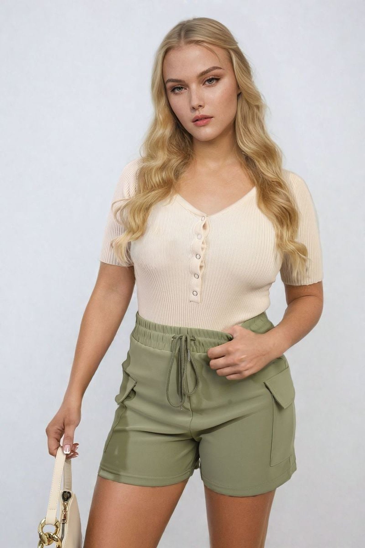 Dulce Elastic Waist Drawstring Pocket Detail Shorts - KHAKI