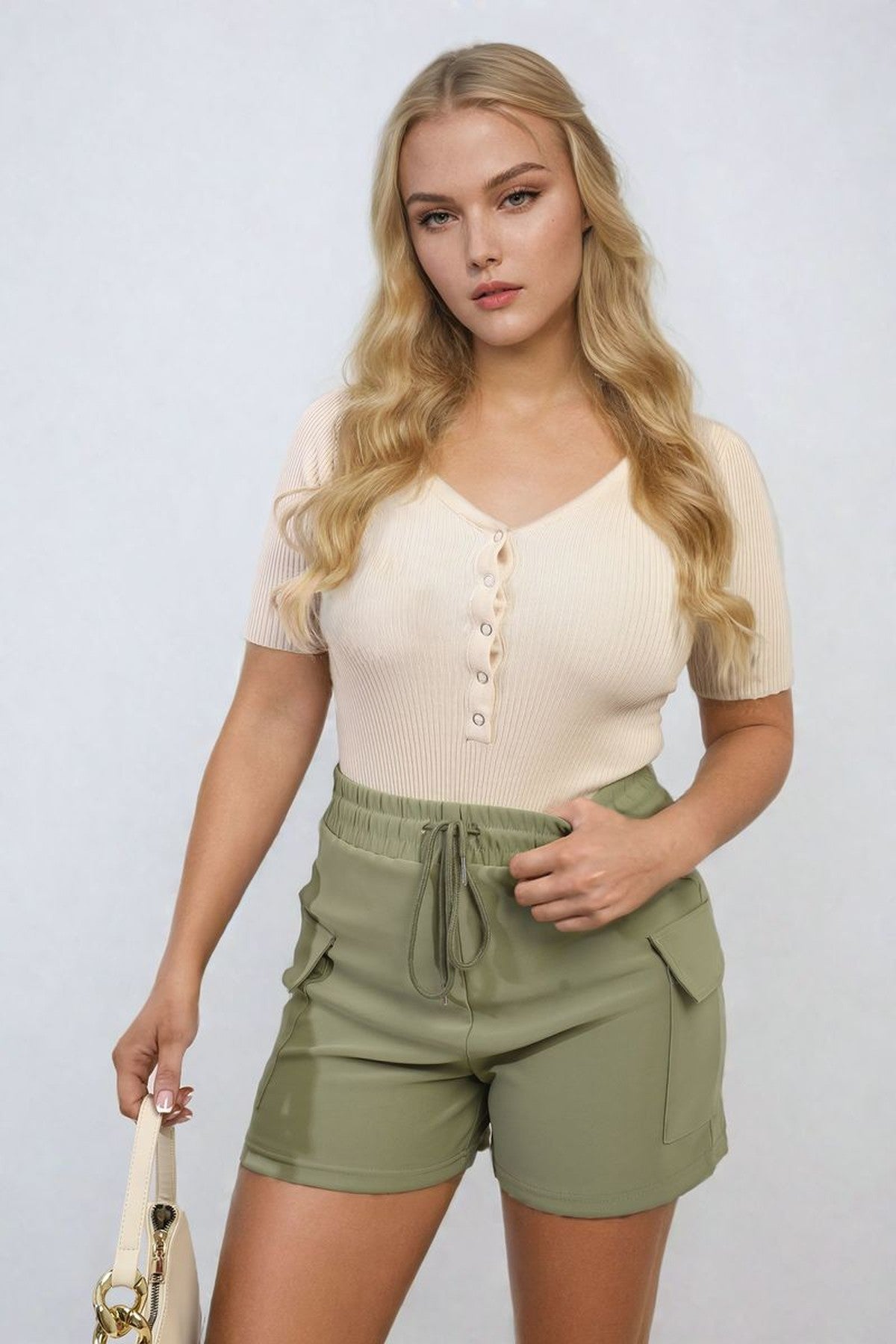 Dulce Elastic Waist Drawstring Pocket Detail Shorts - KHAKI