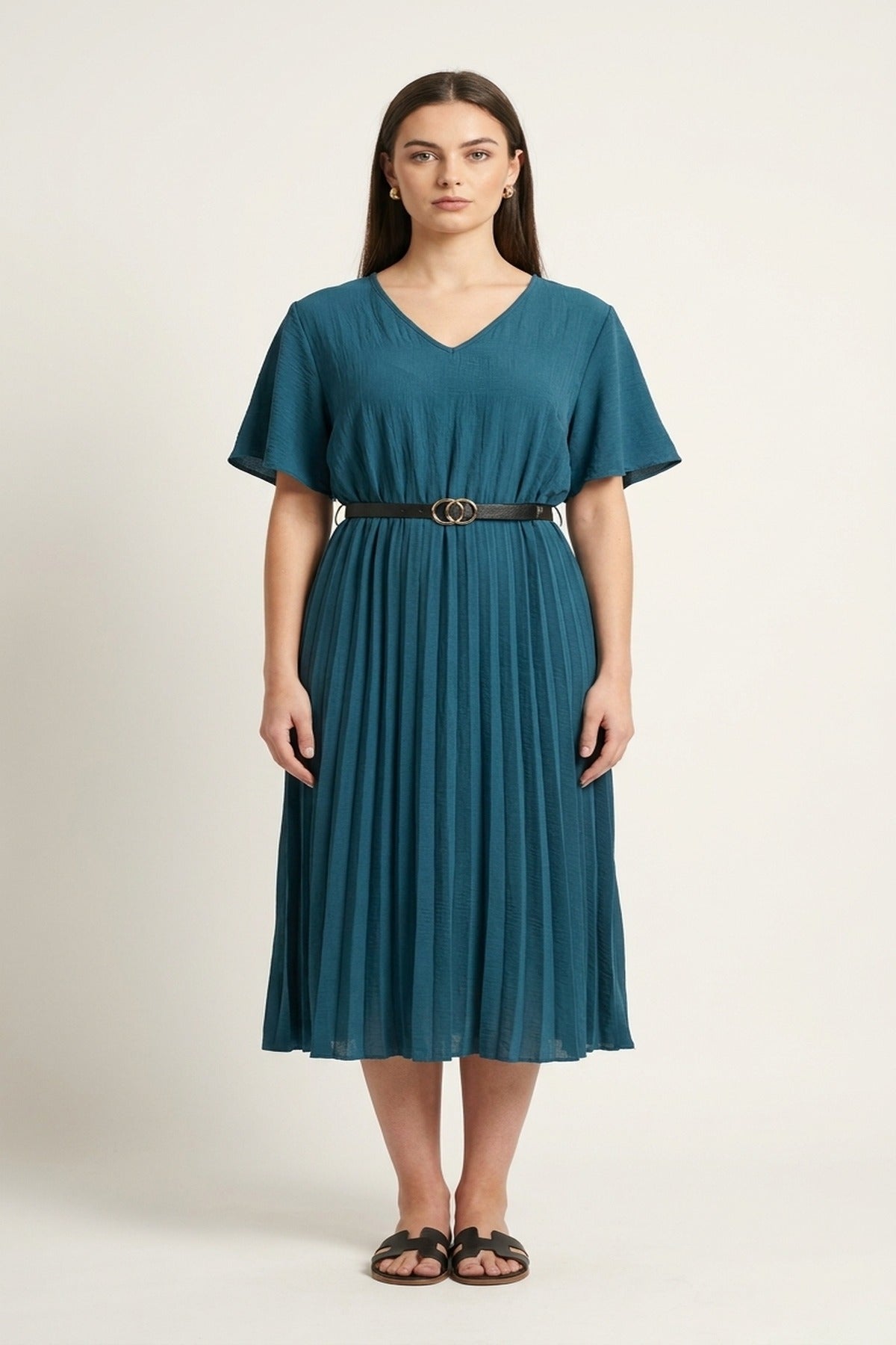 Elidi Short Sleeve Pleated Midi Dress With Waist Belt - Petrol