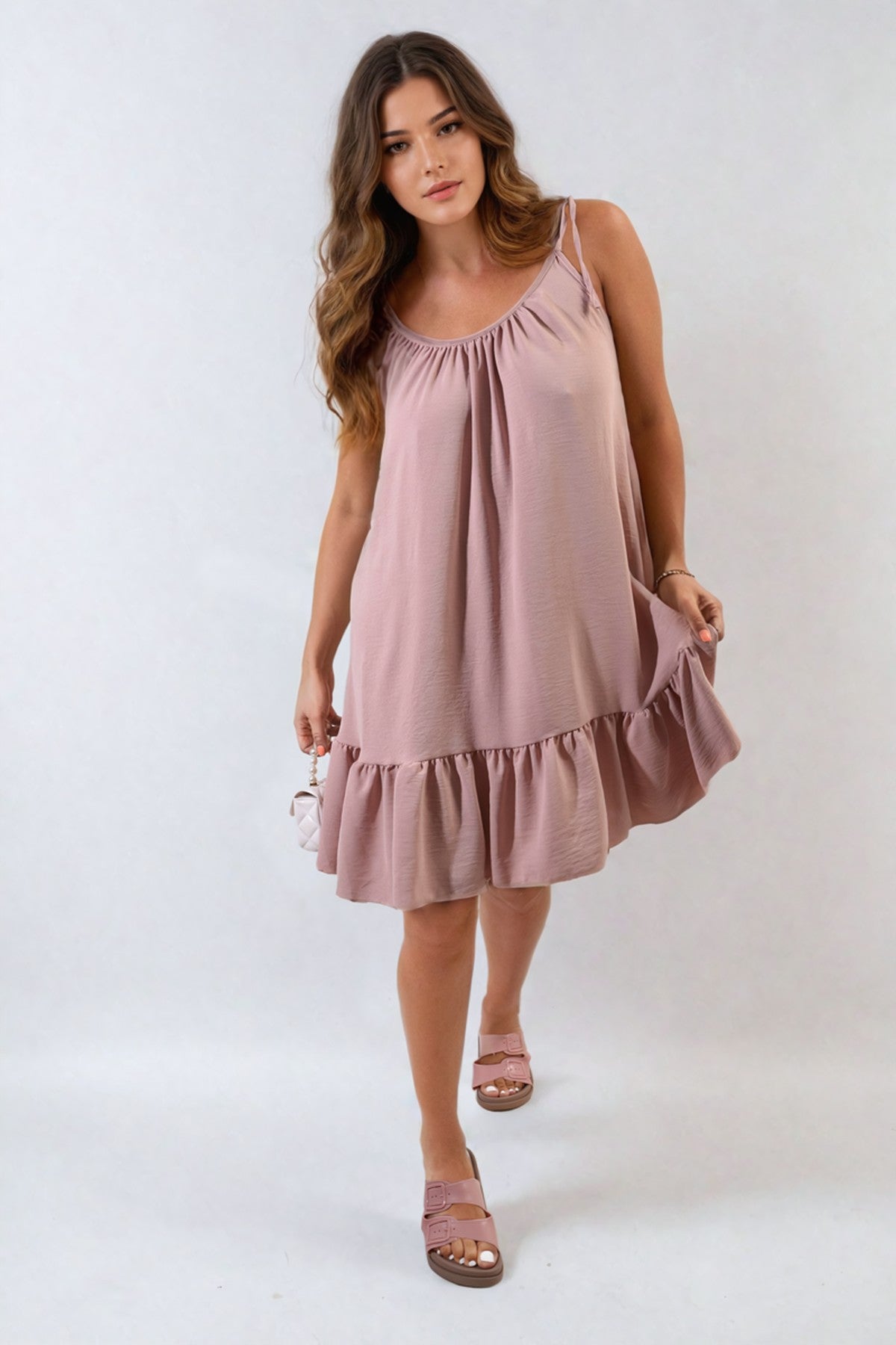 Faye Backless Tie-Up Spaghetti Strap Frill Hem Mini Dress - ROSE
