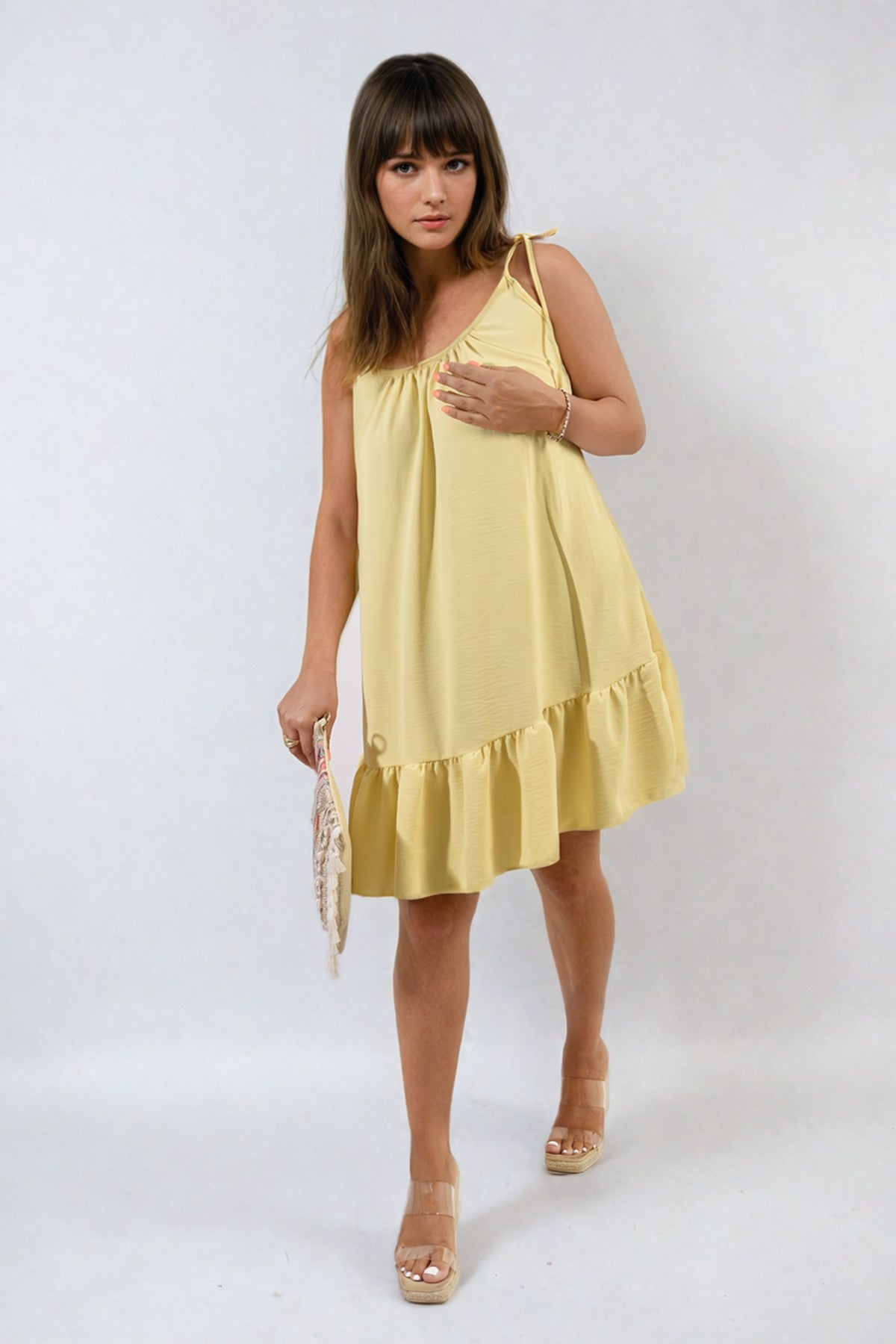 Faye Backless Tie-Up Spaghetti Strap Frill Hem Mini Dress - YELLOW