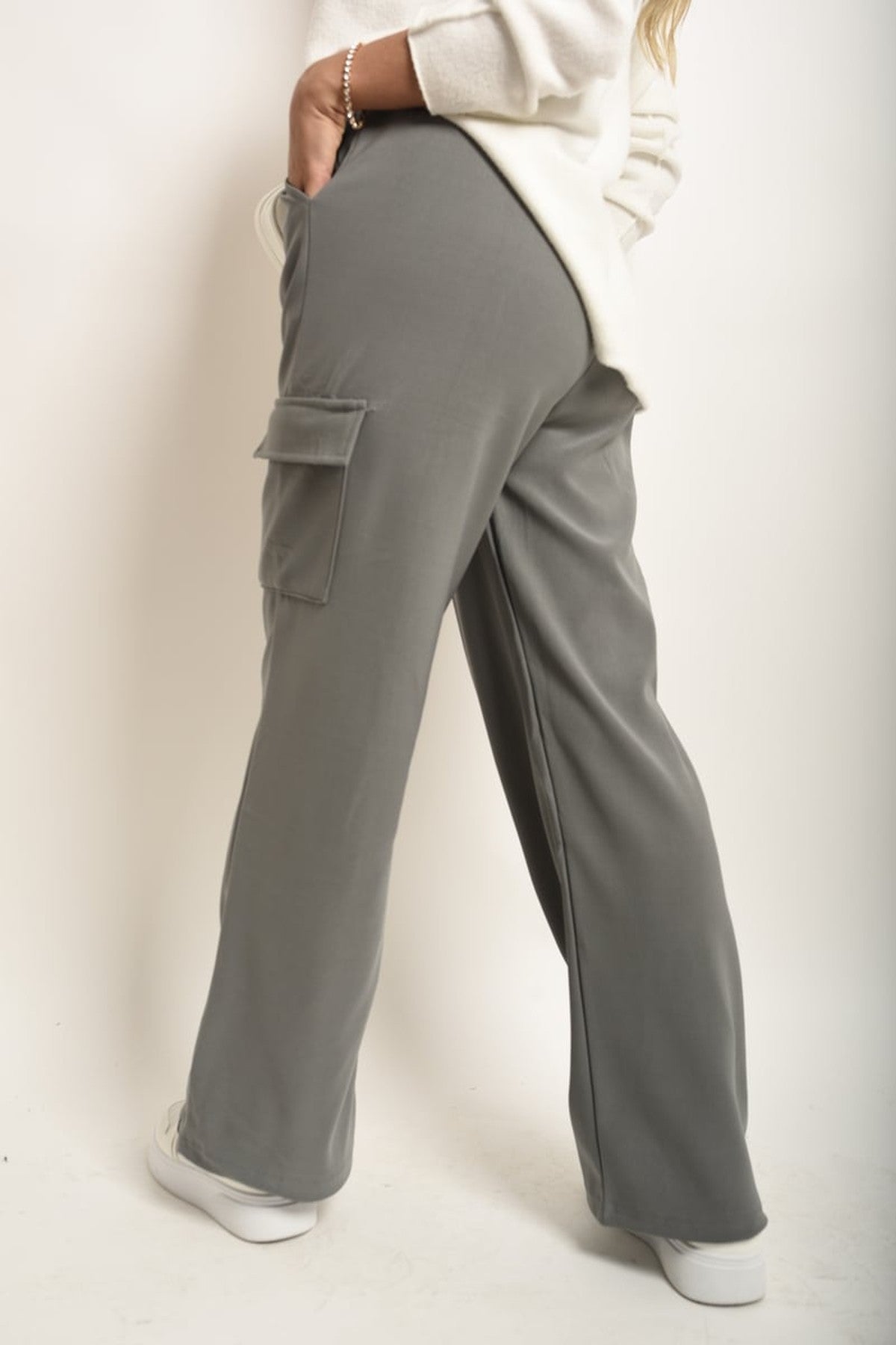 Faye Wide Leg Drawstring Waist Flap Pocket Trouser - GREY